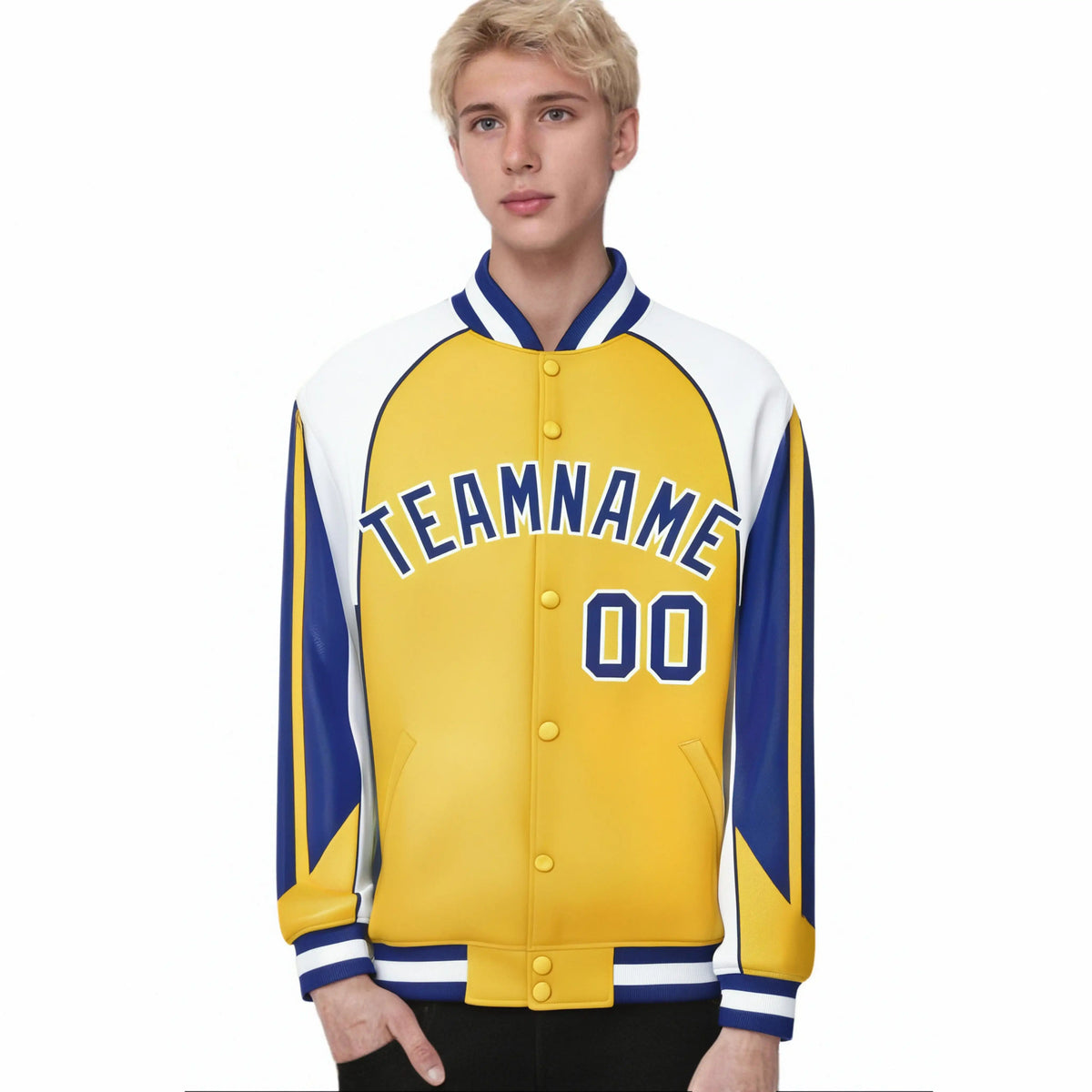 Custom Yellow White-Blue Raglan Sleeves Varsity Letterman Two Tone Jacket