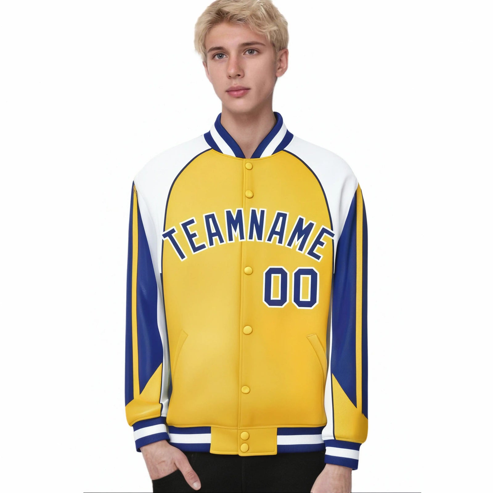 Custom Yellow White-Blue Raglan Sleeves Varsity Letterman Two Tone Jacket