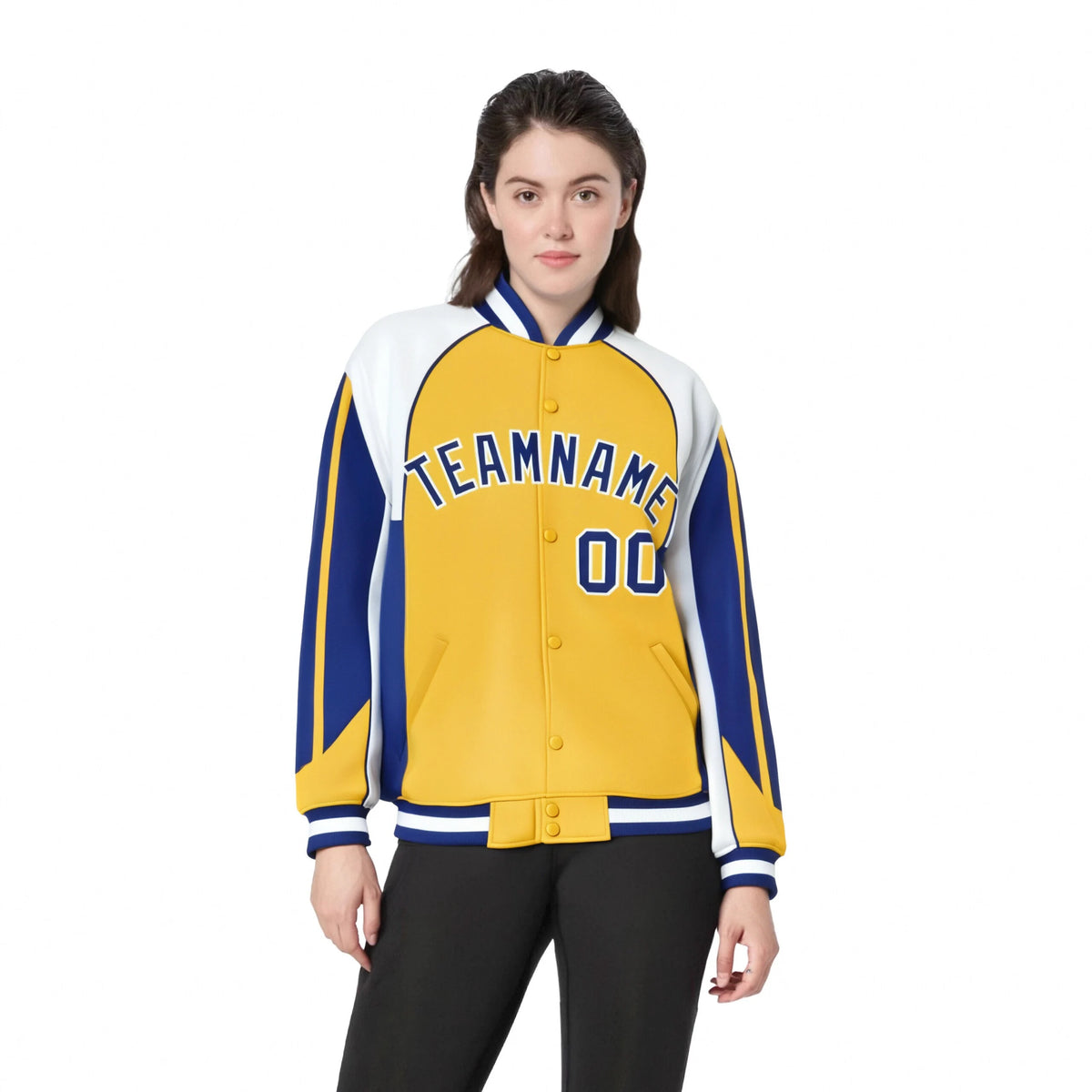 Custom Yellow White-Blue Raglan Sleeves Varsity Letterman Two Tone Jacket