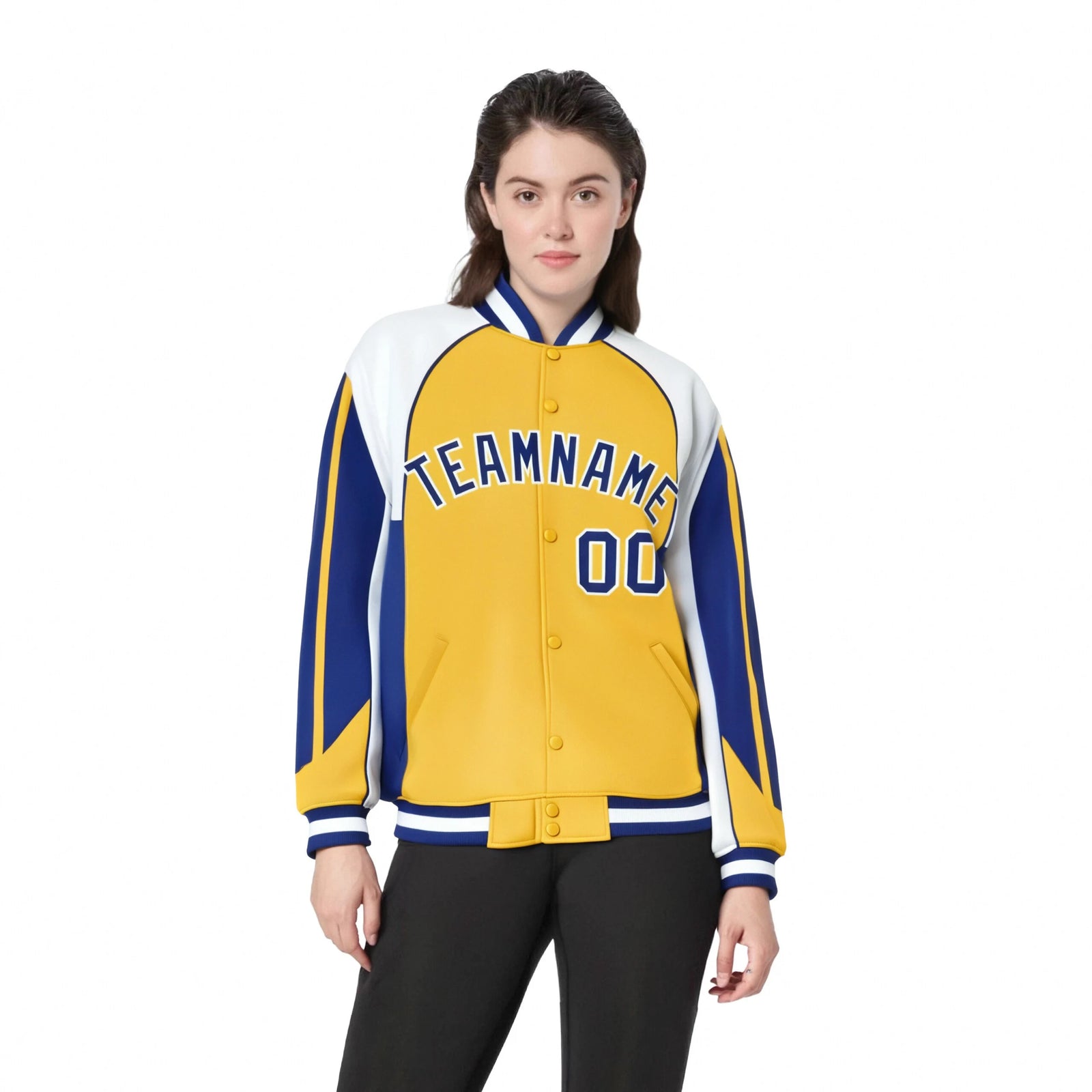 Custom Yellow White-Blue Raglan Sleeves Varsity Letterman Two Tone Jacket
