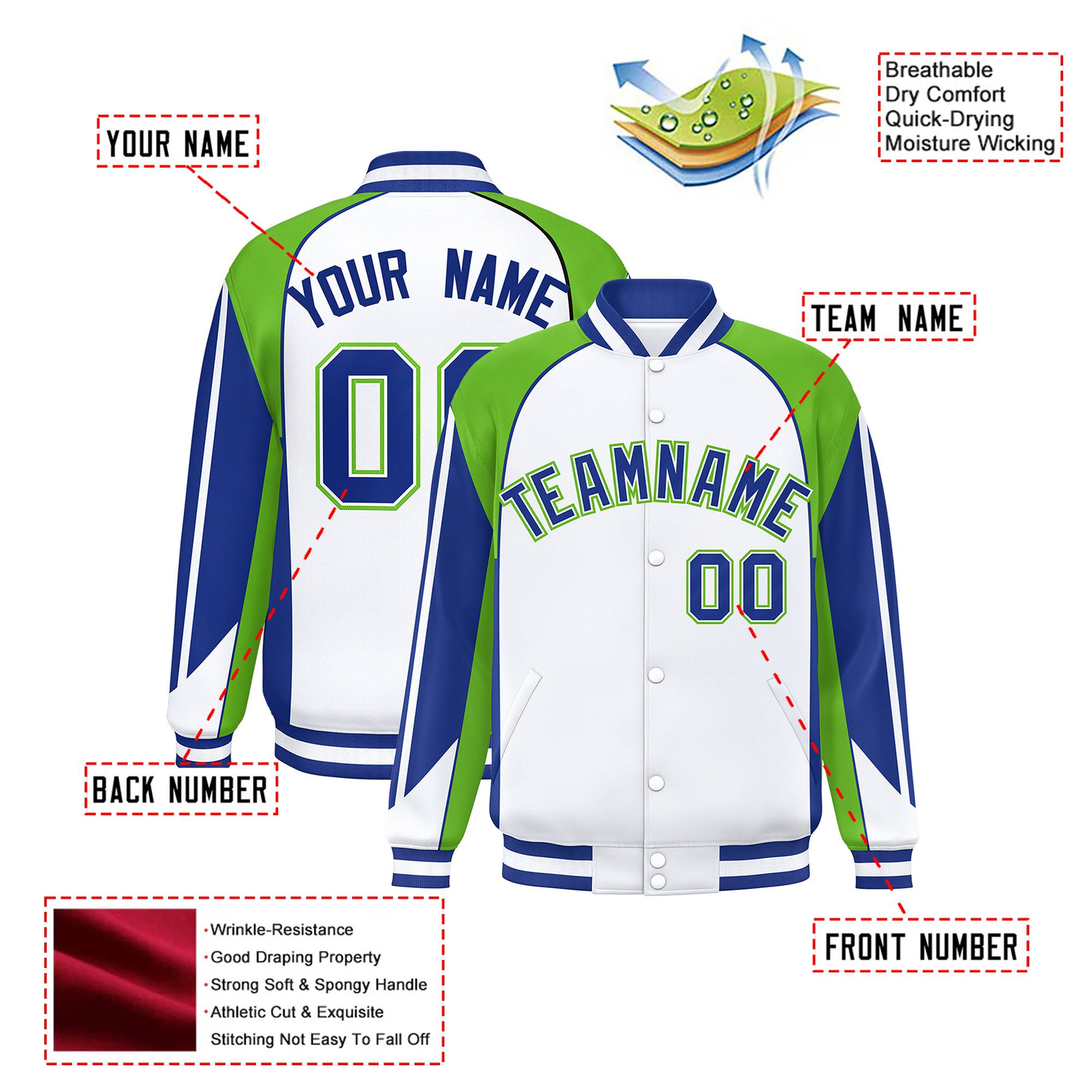 Custom White Neon-Green Blue Raglan Sleeves Varsity Letterman Two Tone Jacket