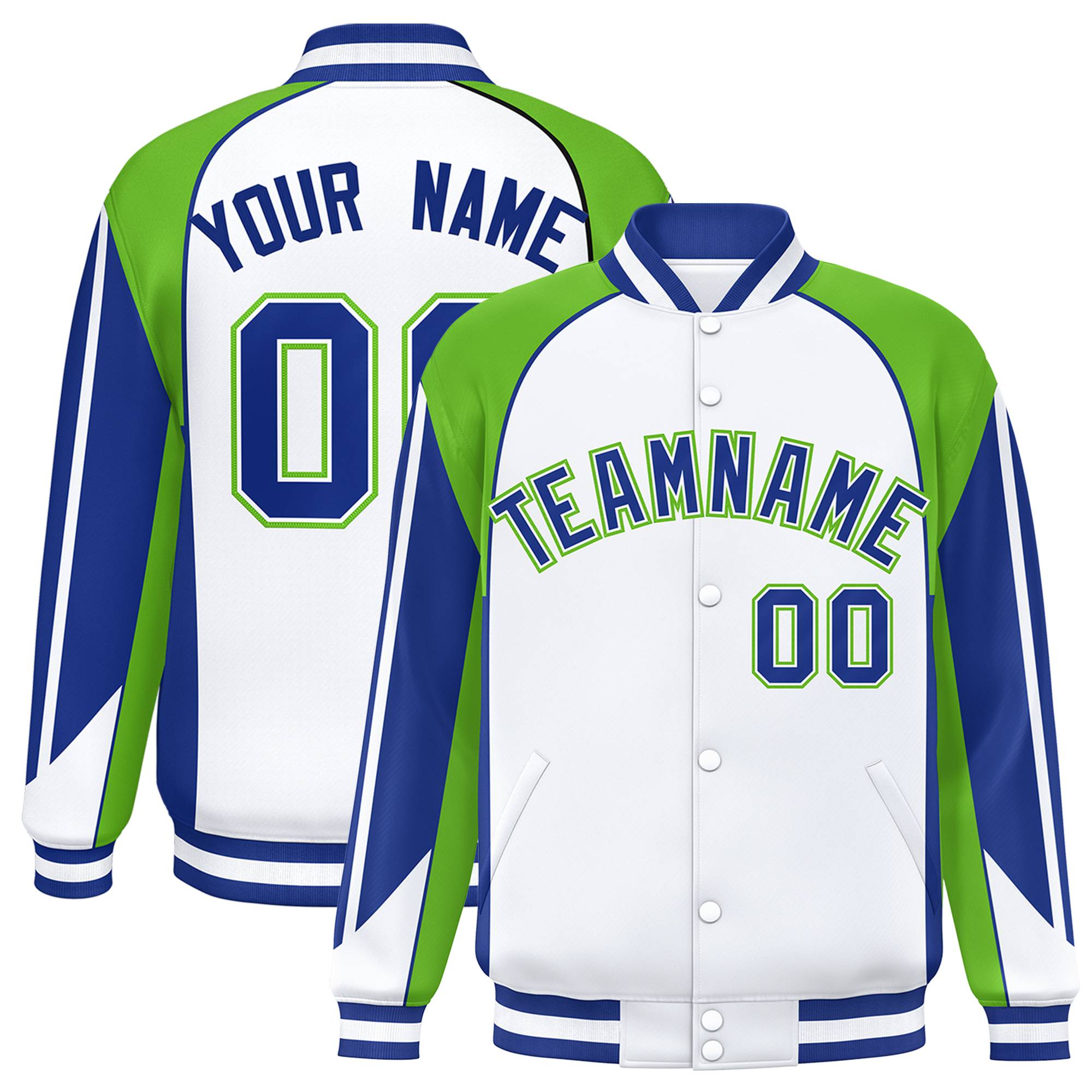 Custom White Neon-Green Blue Raglan Sleeves Varsity Letterman Two Tone Jacket