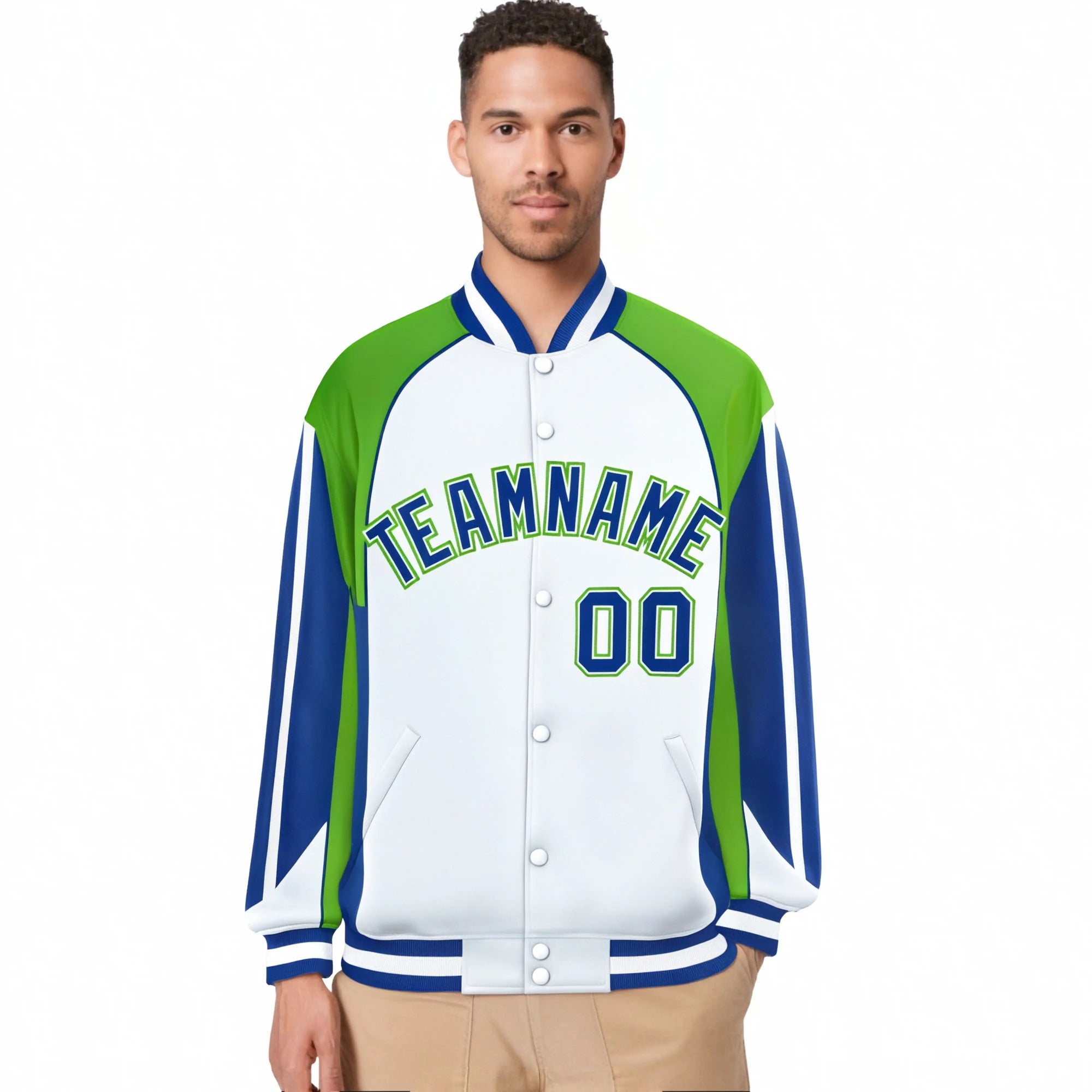 Custom White Neon-Green Blue Raglan Sleeves Varsity Letterman Two Tone Jacket