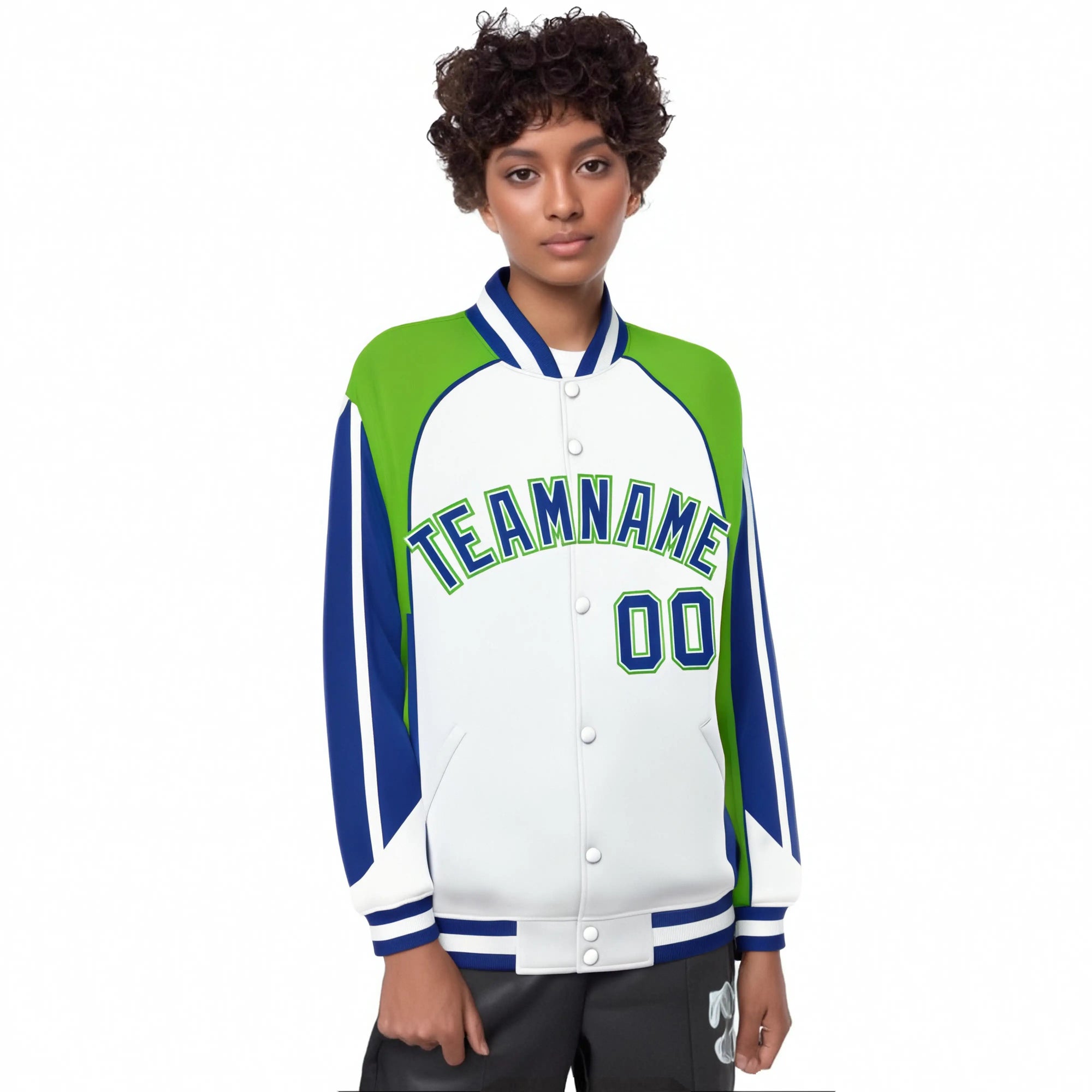 Custom White Neon-Green Blue Raglan Sleeves Varsity Letterman Two Tone Jacket