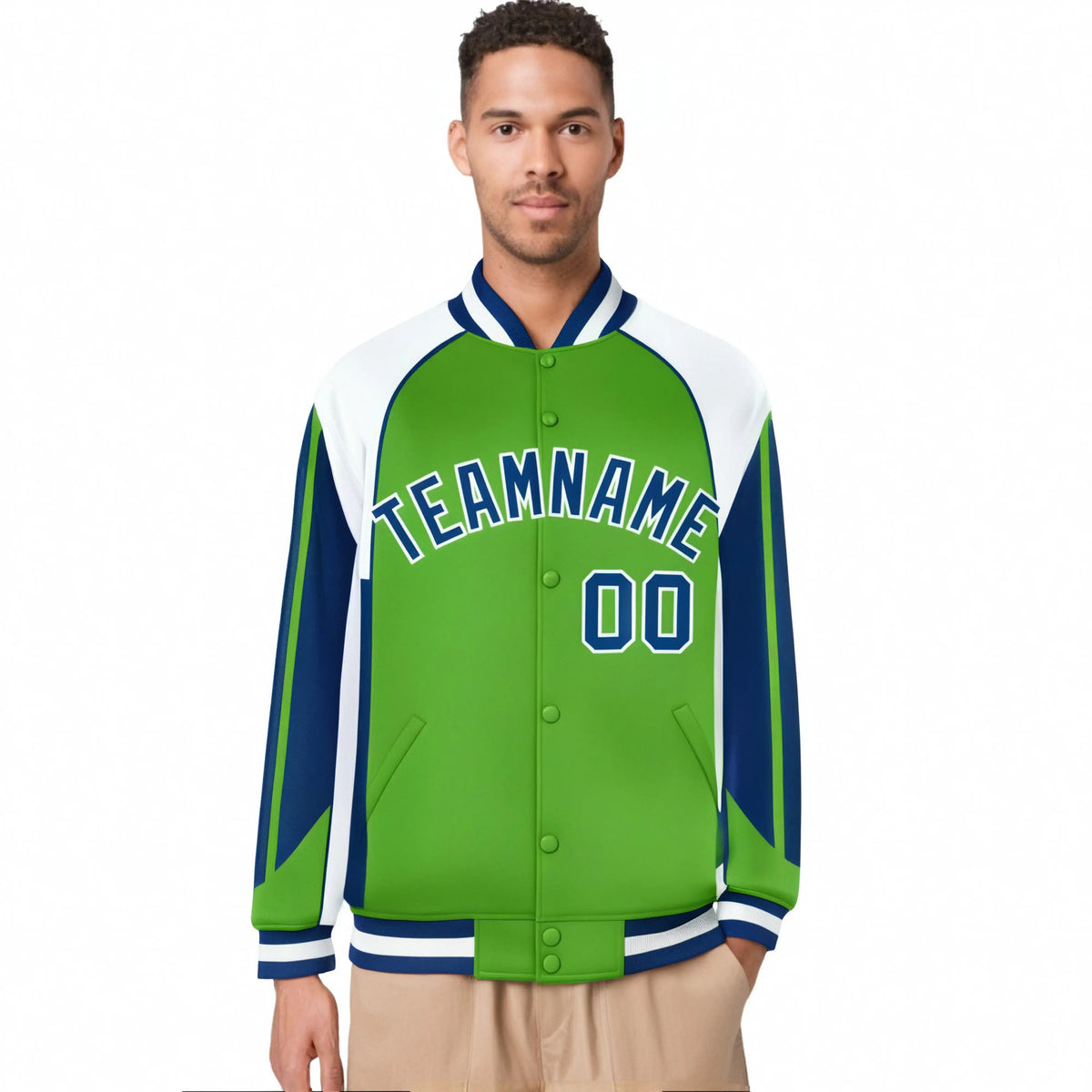Custom Neon-Green White-Blue Raglan Sleeves Varsity Letterman Two Tone Jacket
