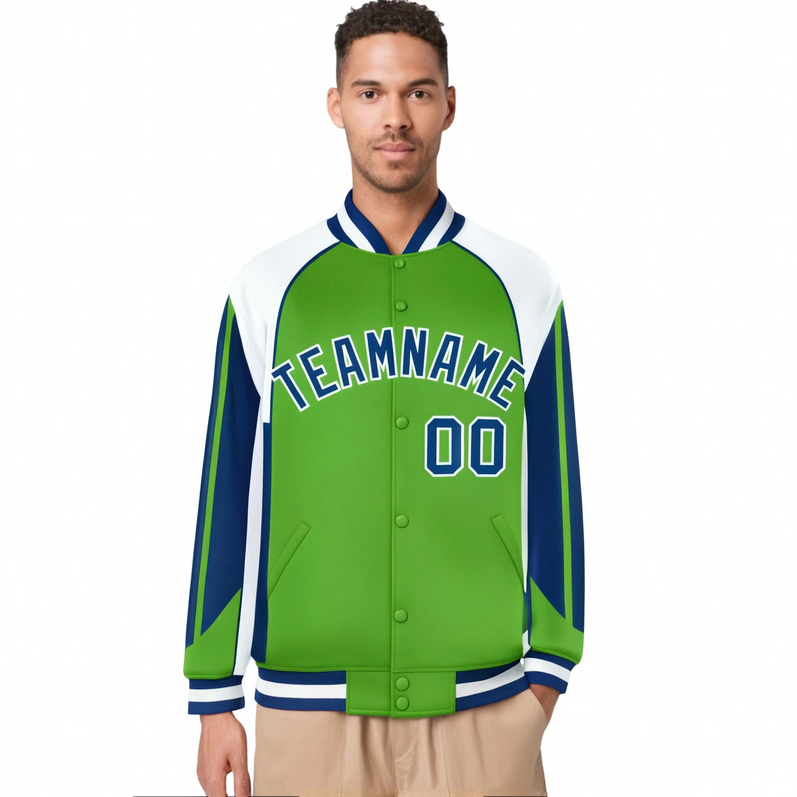 Custom Neon-Green White-Blue Raglan Sleeves Varsity Letterman Two Tone Jacket