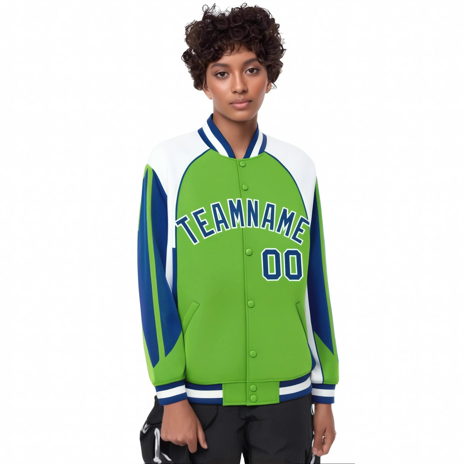 Custom Neon-Green White-Blue Raglan Sleeves Varsity Letterman Two Tone Jacket