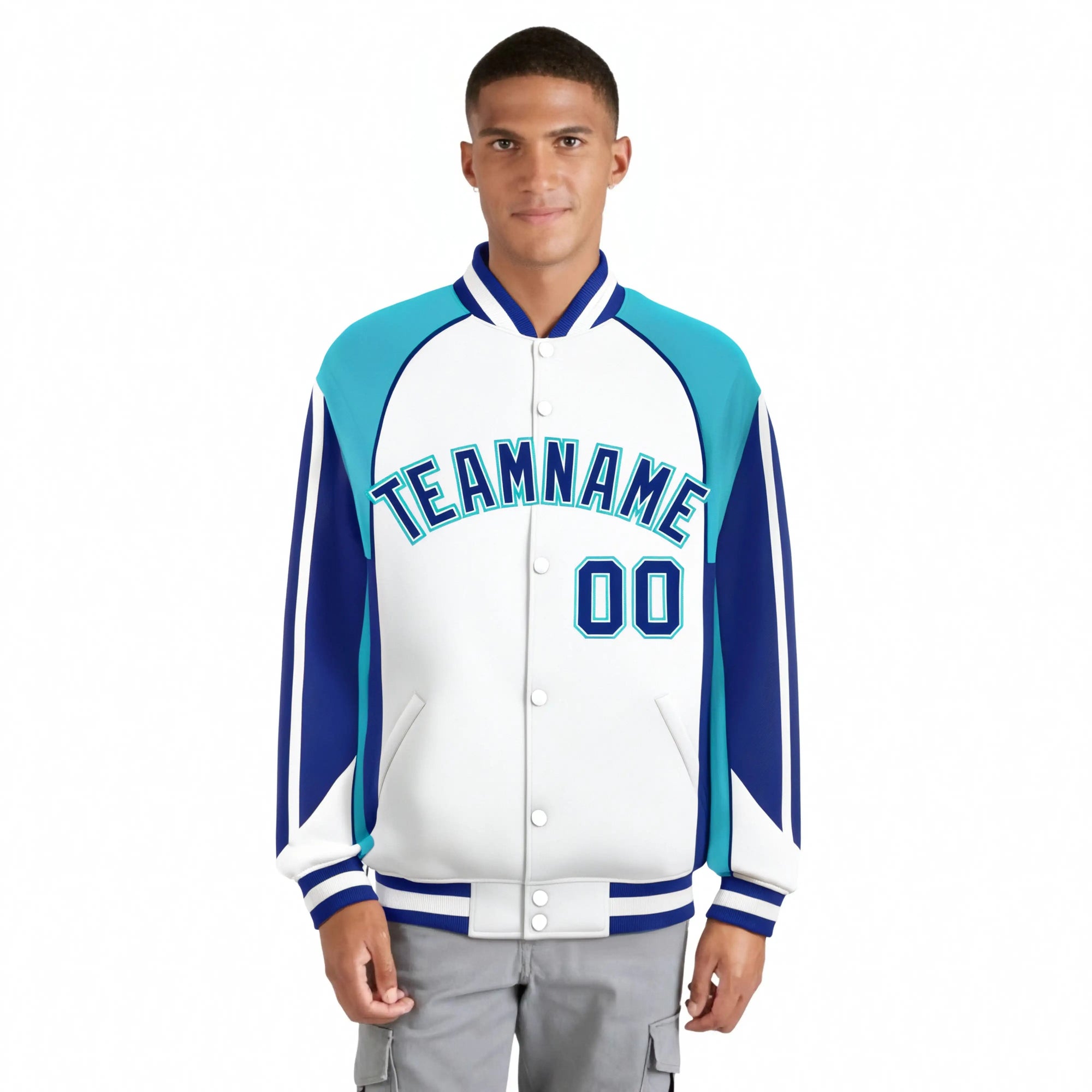 Custom White Aqua-Blue Raglan Sleeves Varsity Letterman Two Tone Jacket