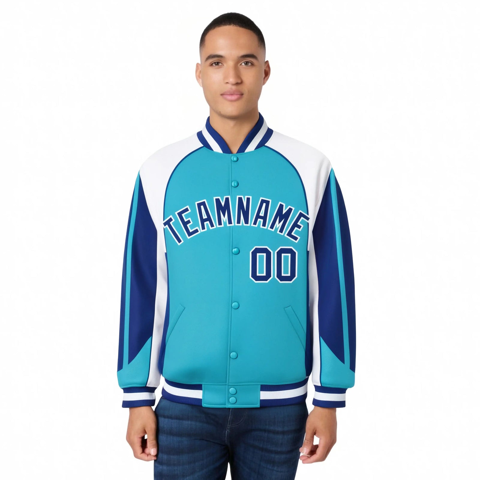 Custom Aqua White-Blue Raglan Sleeves Varsity Letterman Two Tone Jacket