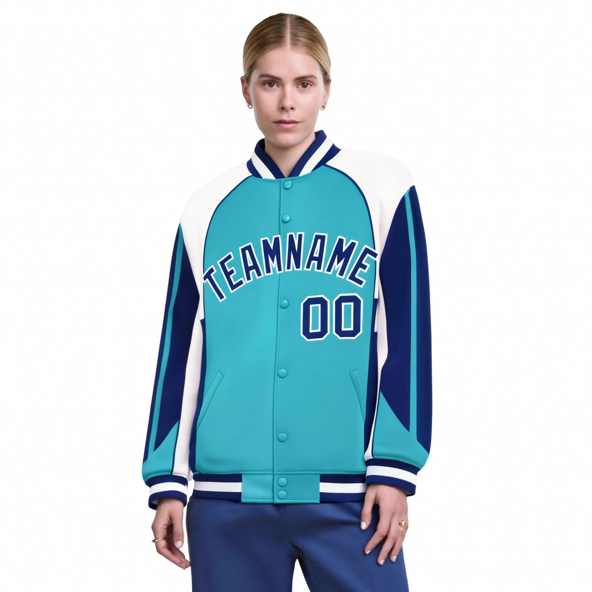 Custom Aqua White-Blue Raglan Sleeves Varsity Letterman Two Tone Jacket