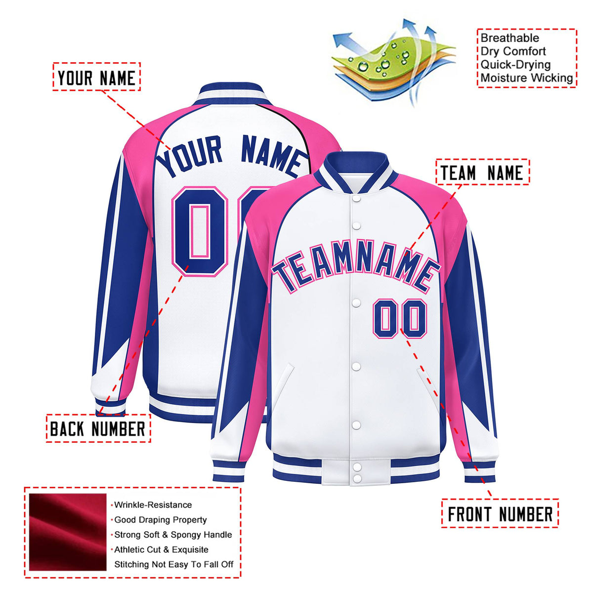Custom White Pink-Blue Raglan Sleeves Varsity Letterman Two Tone Jacket
