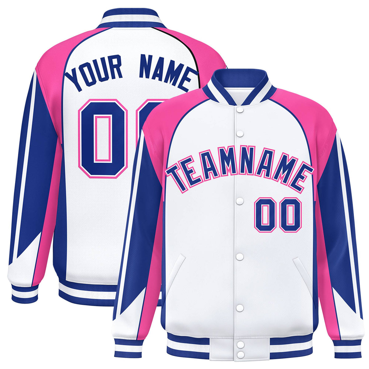 Custom White Pink-Blue Raglan Sleeves Varsity Letterman Two Tone Jacket