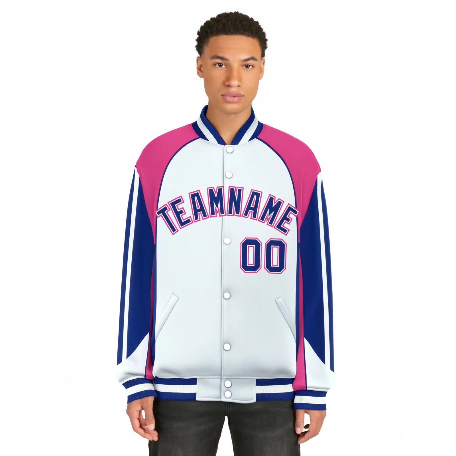 Custom White Pink-Blue Raglan Sleeves Varsity Letterman Two Tone Jacket