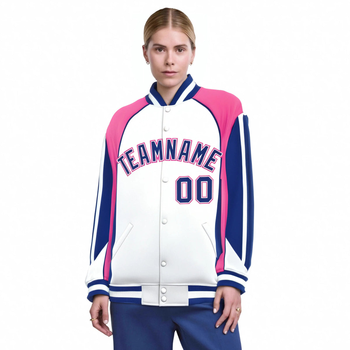 Custom White Pink-Blue Raglan Sleeves Varsity Letterman Two Tone Jacket