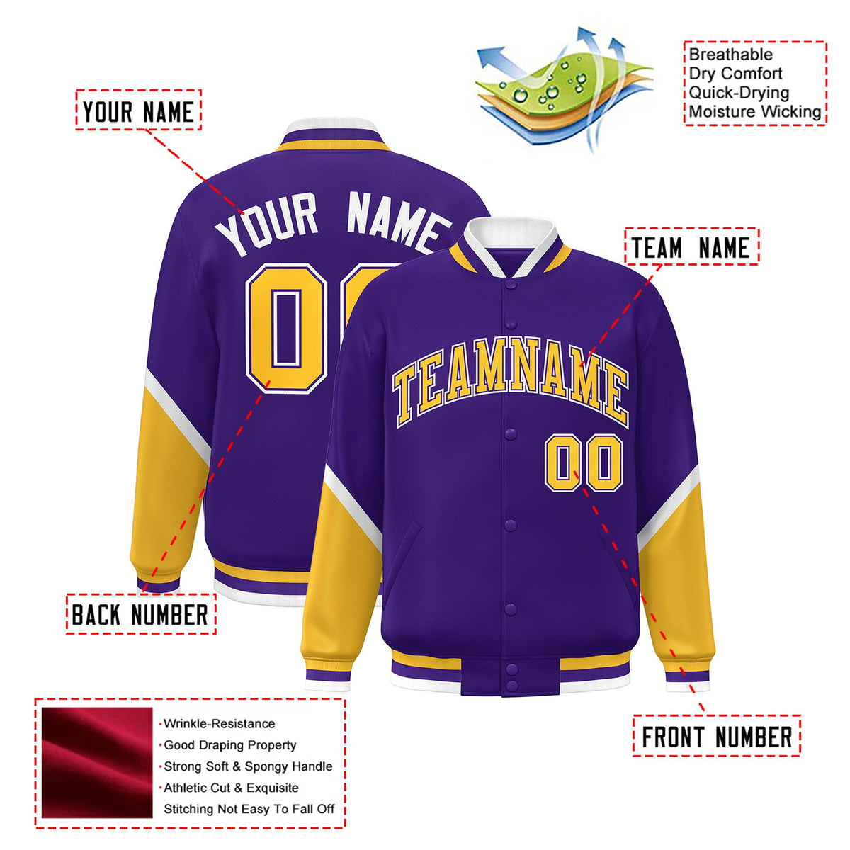 Custom Purple Gold-White Varsity Full-Snap Color Block Letterman Jacket