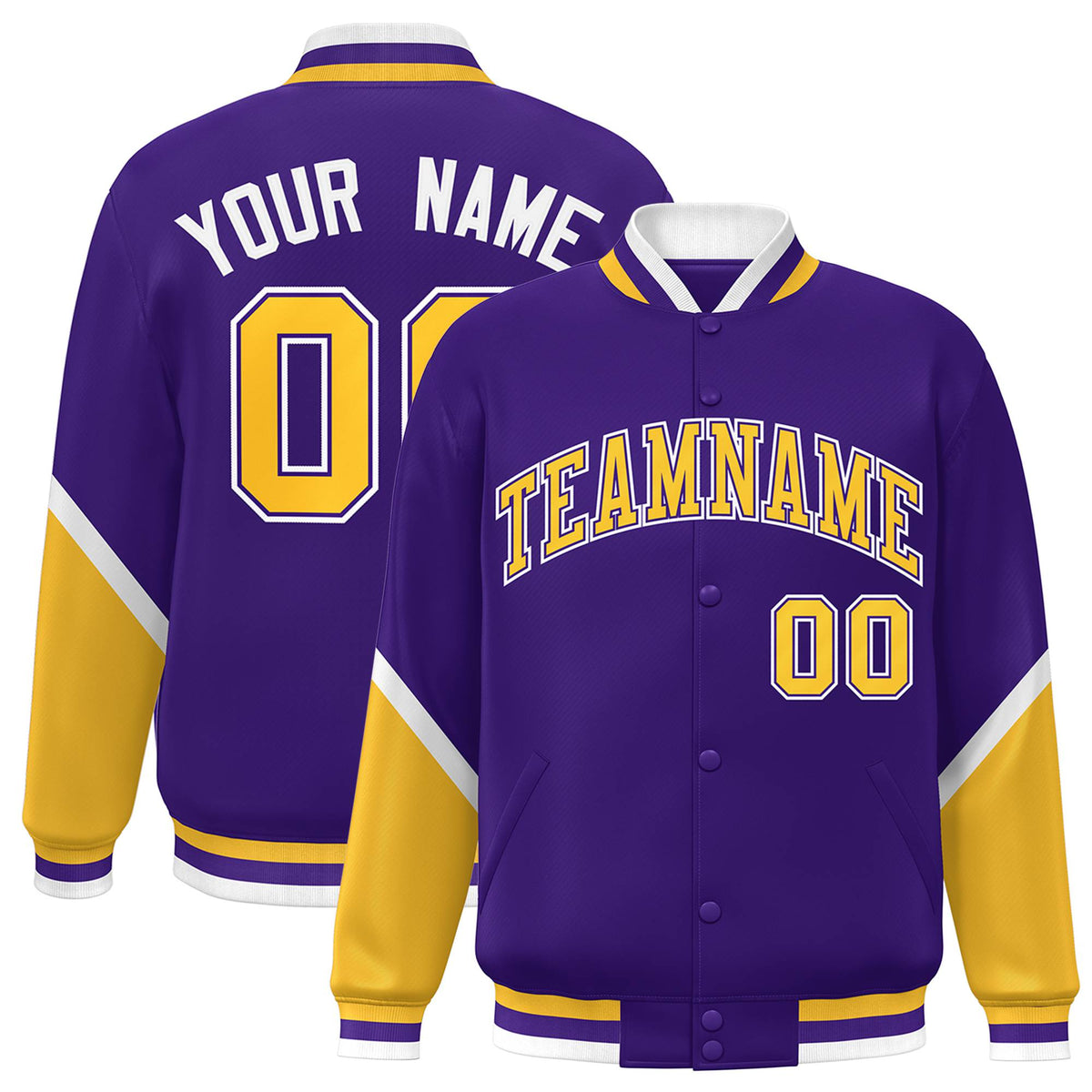 Custom Purple Gold-White Varsity Full-Snap Color Block Letterman Jacket