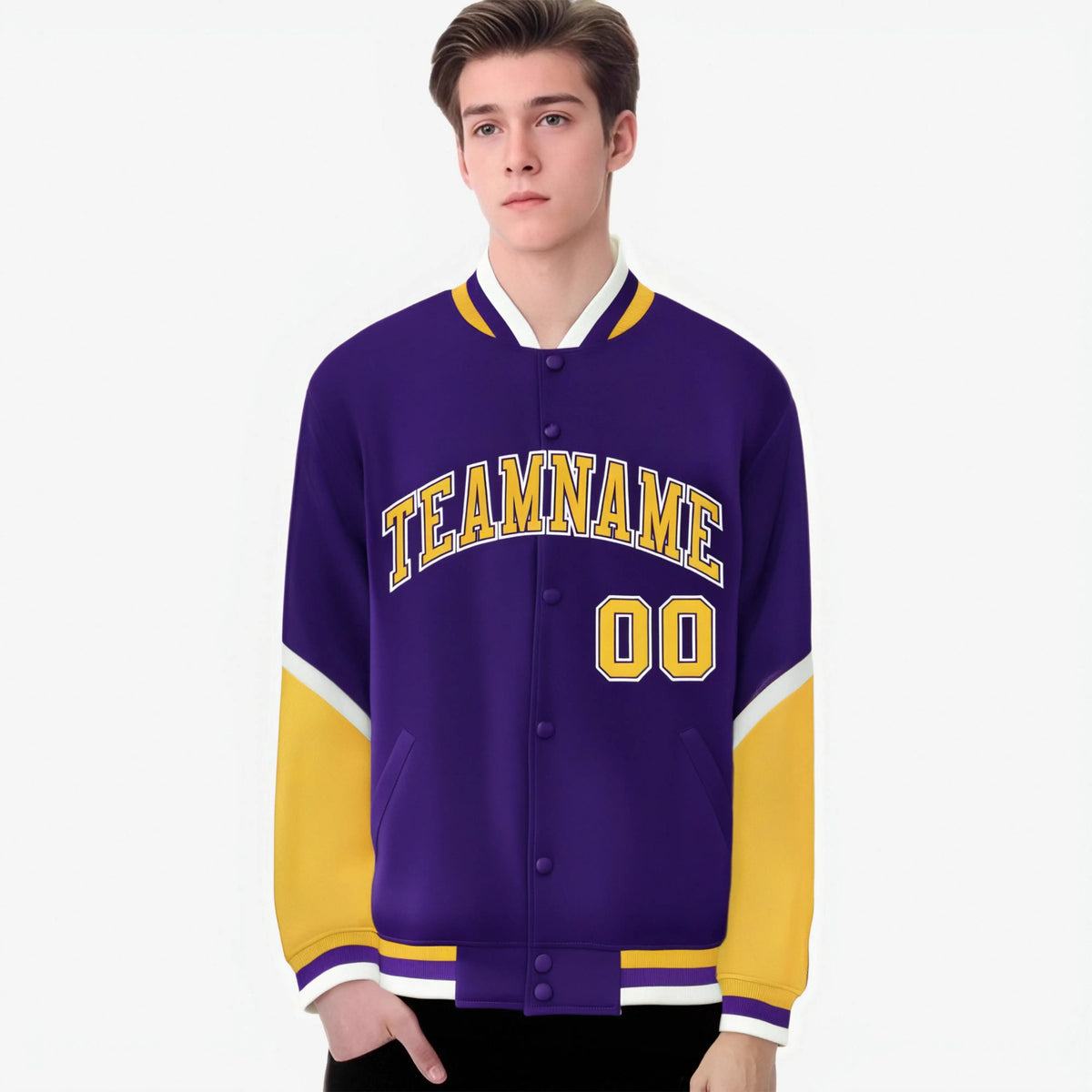Custom Purple Gold-White Varsity Full-Snap Color Block Letterman Jacket