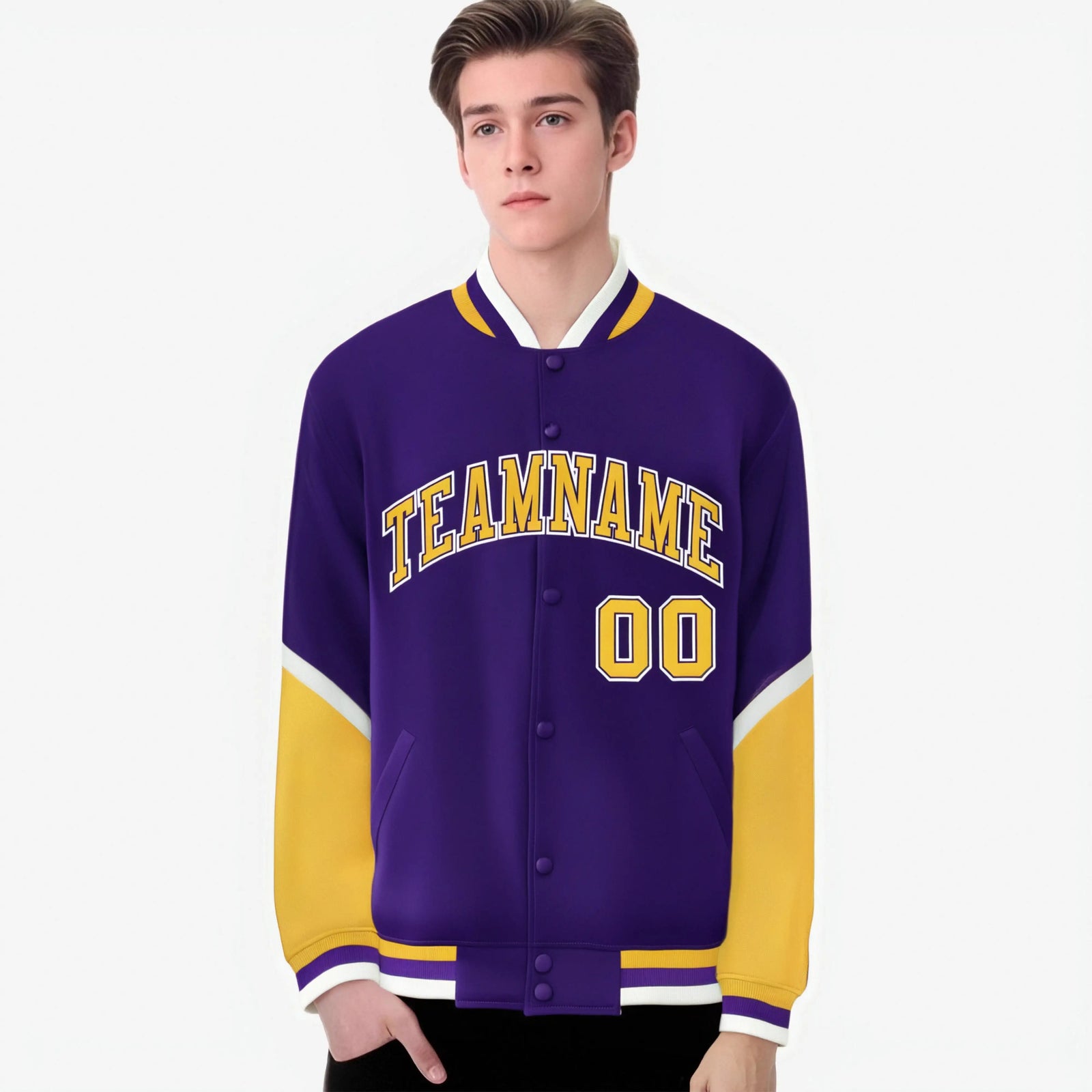 Custom Purple Gold-White Varsity Full-Snap Color Block Letterman Jacket