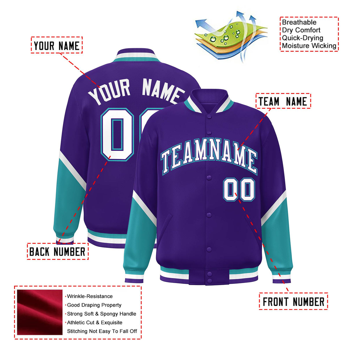 Custom Purple Aqua-White Varsity Full-Snap Color Block Letterman Jacket