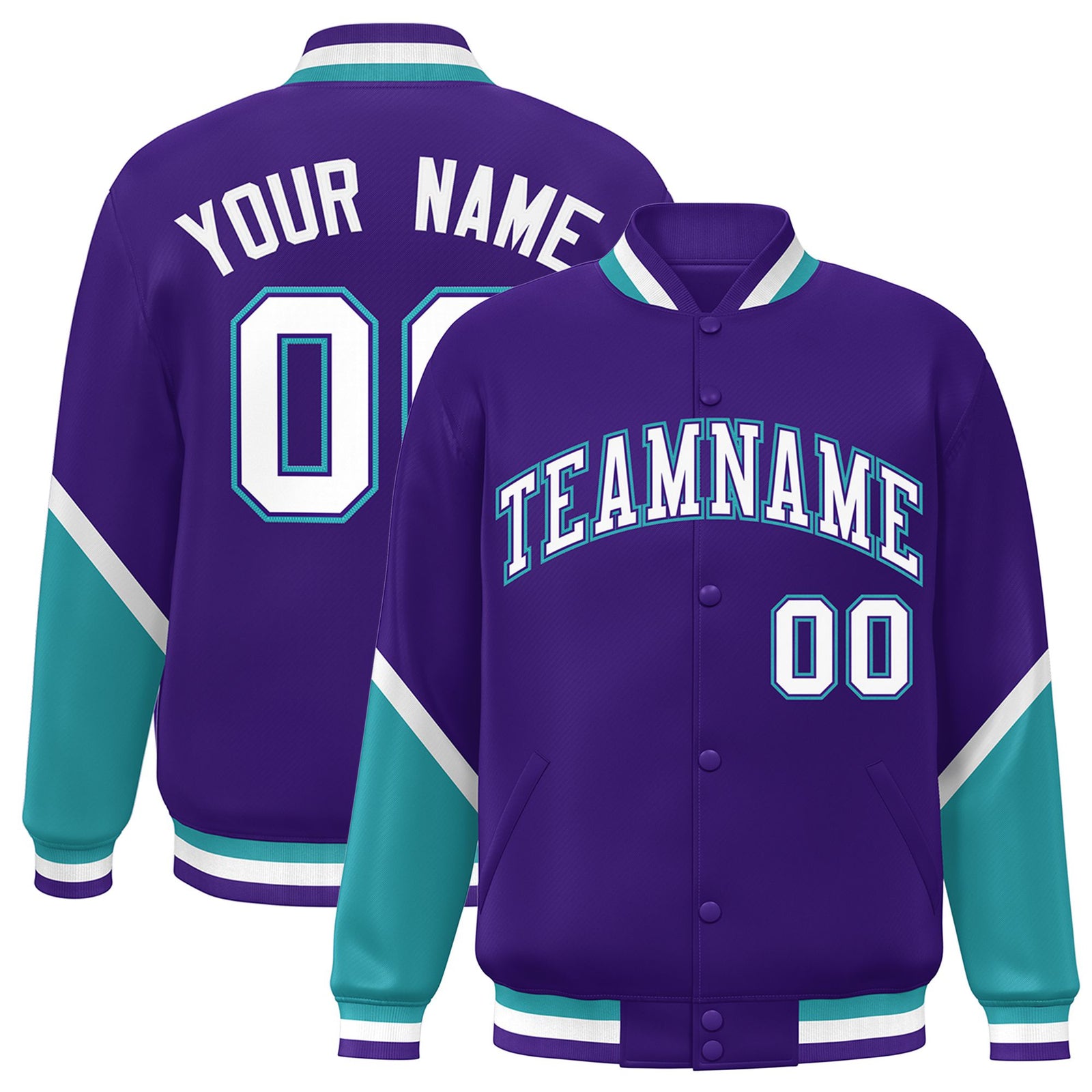 Custom Purple Aqua-White Varsity Full-Snap Color Block Letterman Jacket