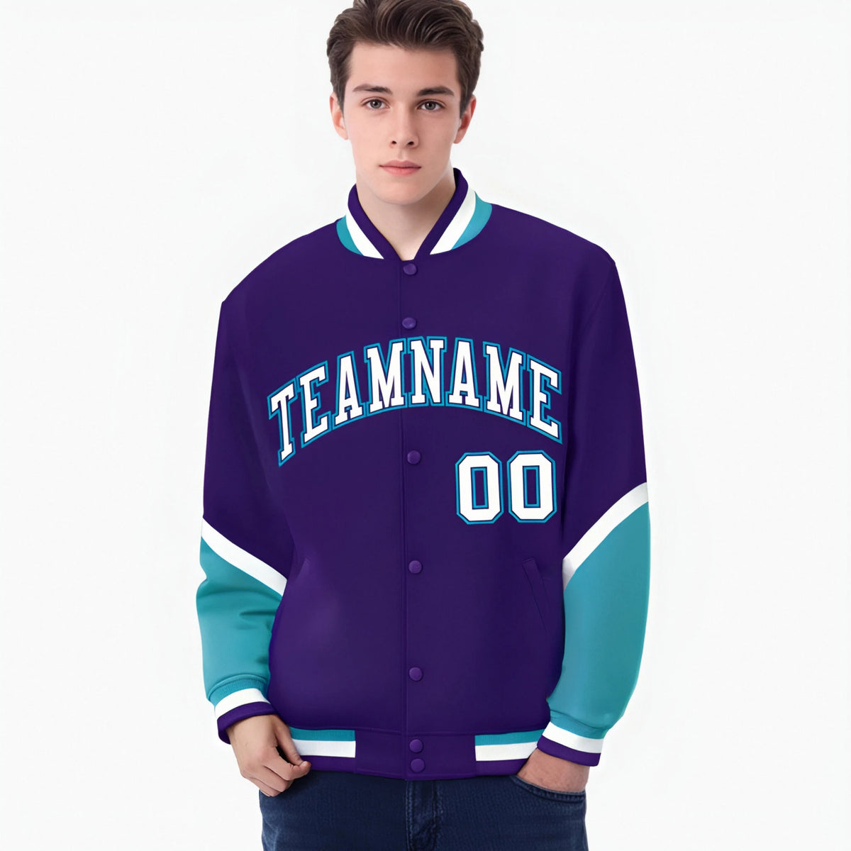 Custom Purple Aqua-White Varsity Full-Snap Color Block Letterman Jacket