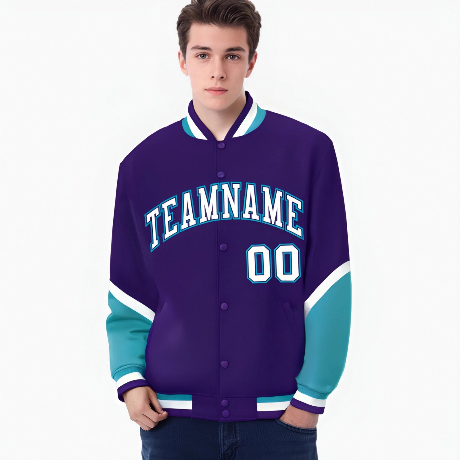 Custom Purple Aqua-White Varsity Full-Snap Color Block Letterman Jacket