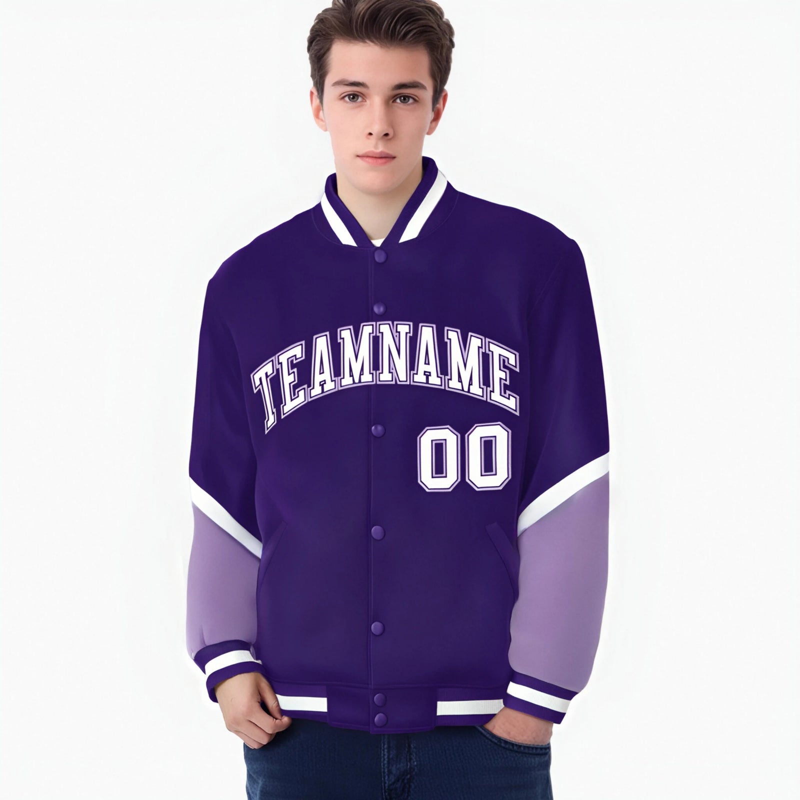Custom Purple Light Purple-White Varsity Full-Snap Color Block Letterman Jacket