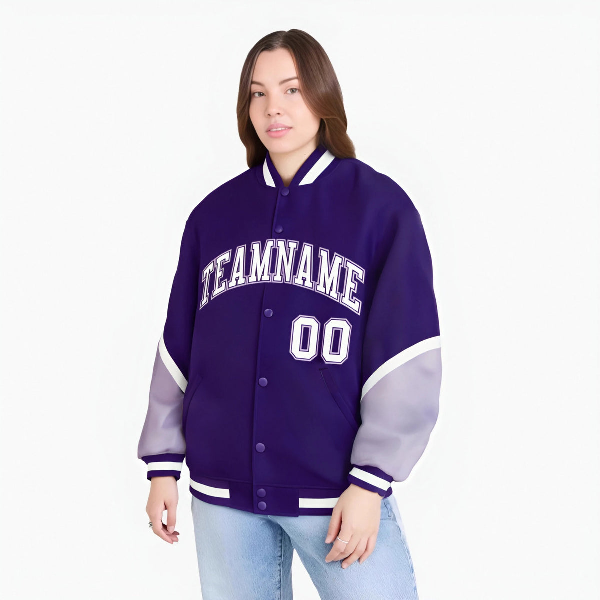 Custom Purple Light Purple-White Varsity Full-Snap Color Block Letterman Jacket