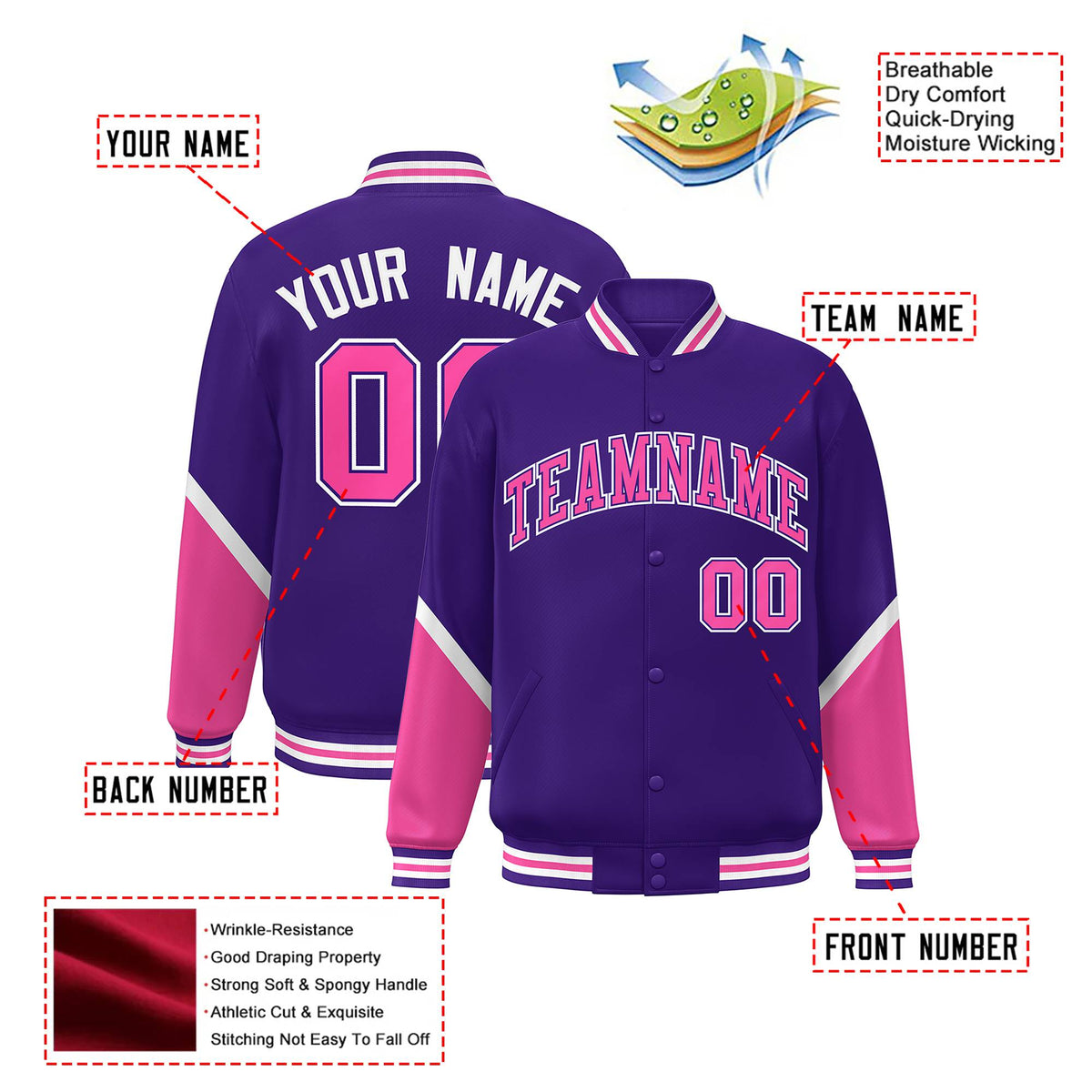 Custom Purple Pink-White Varsity Full-Snap Color Block Letterman Jacket