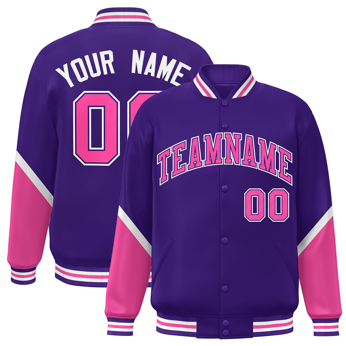 Custom Purple Pink-White Varsity Full-Snap Color Block Letterman Jacket