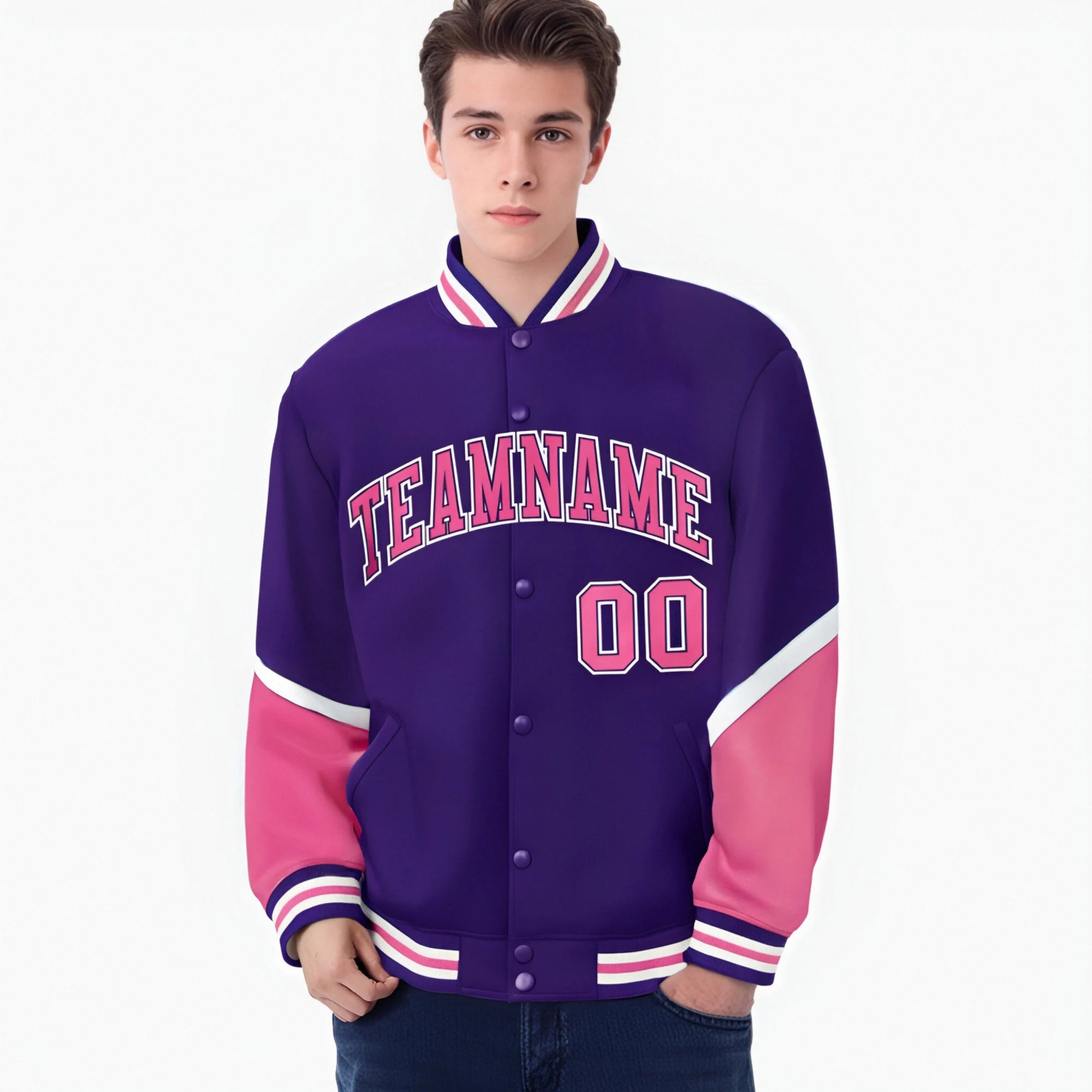 Custom Purple Pink-White Varsity Full-Snap Color Block Letterman Jacket