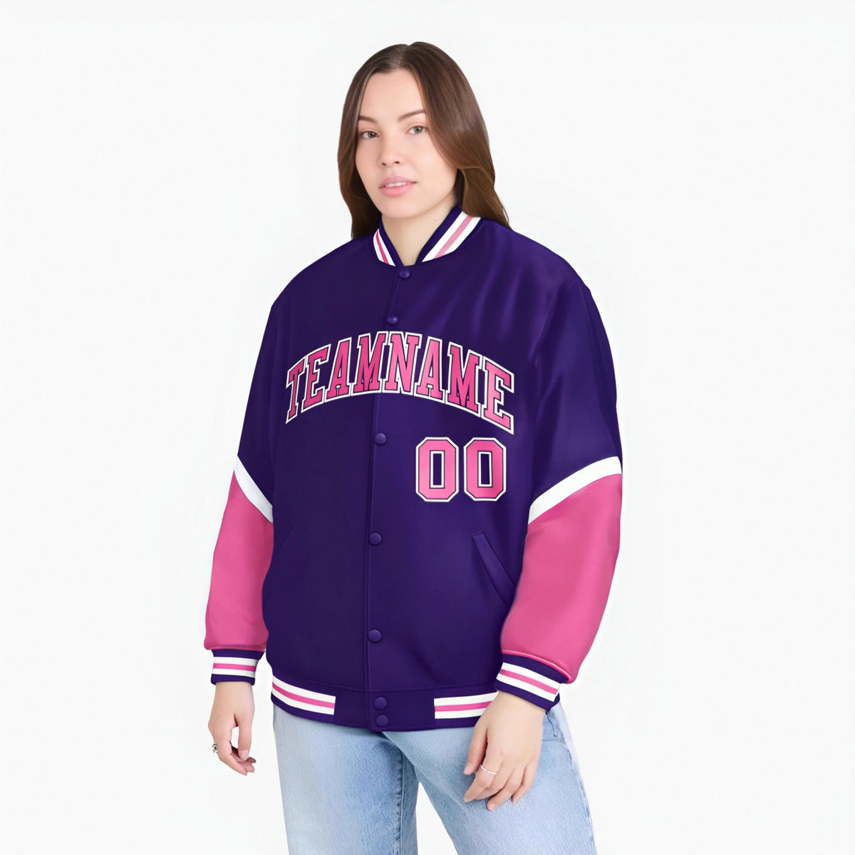 Custom Purple Pink-White Varsity Full-Snap Color Block Letterman Jacket