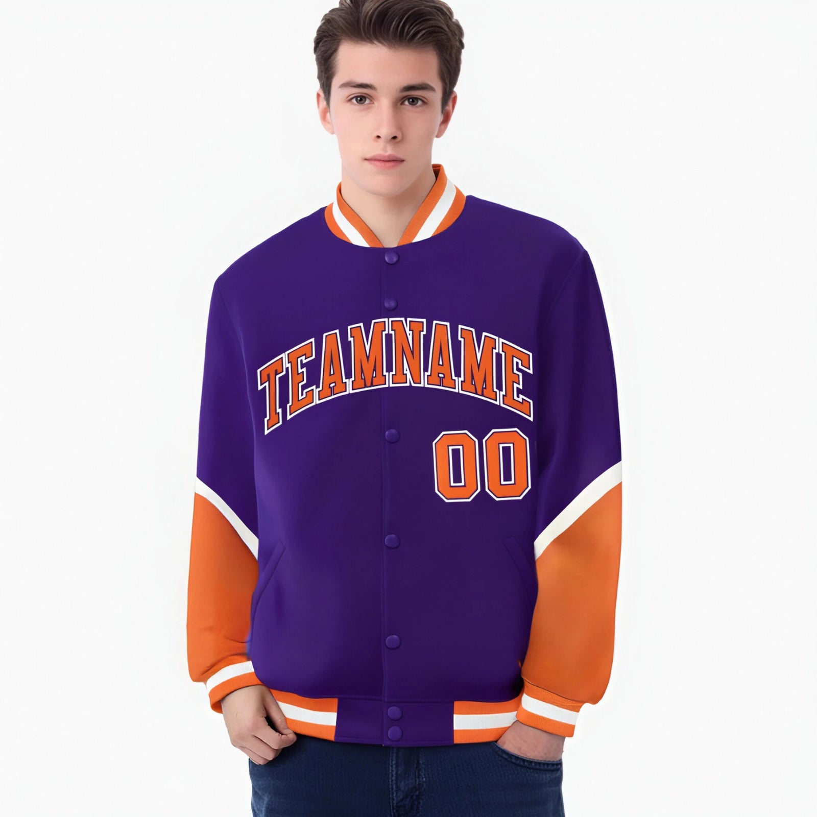 Custom Purple Orange-White Varsity Full-Snap Color Block Letterman Jacket