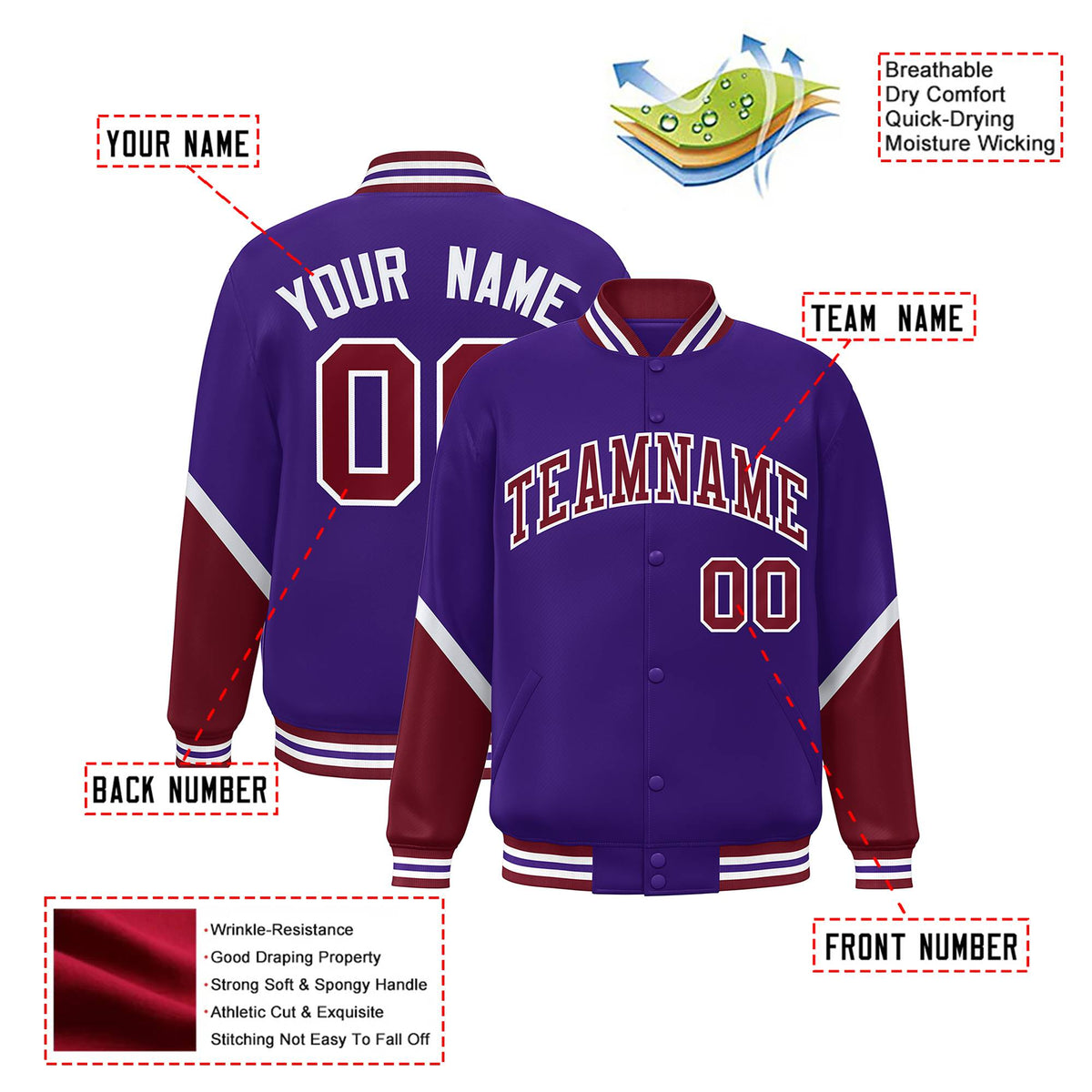 Custom Purple Crimson-White Varsity Full-Snap Color Block Letterman Jacket