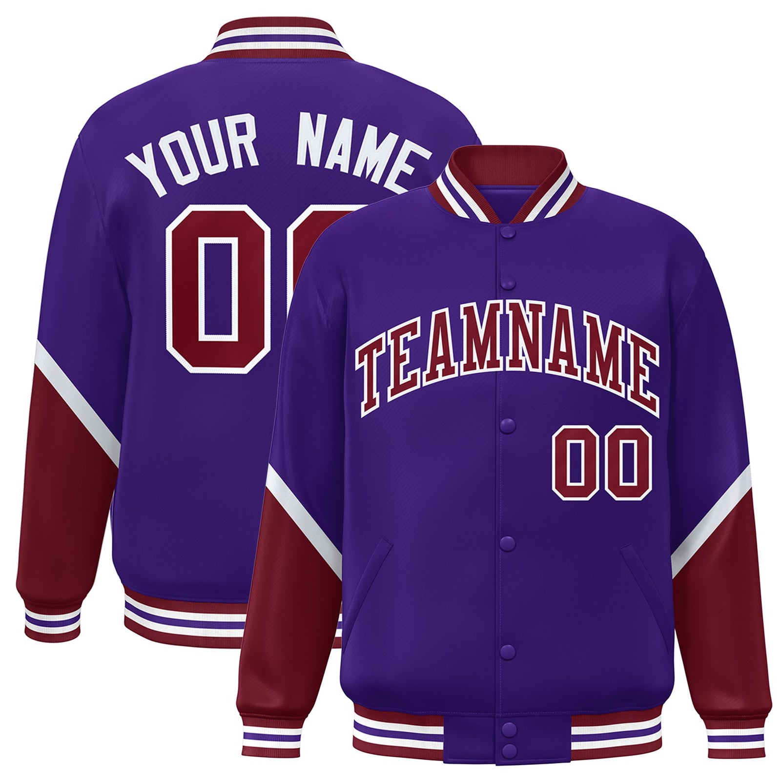 Custom Purple Crimson-White Varsity Full-Snap Color Block Letterman Jacket