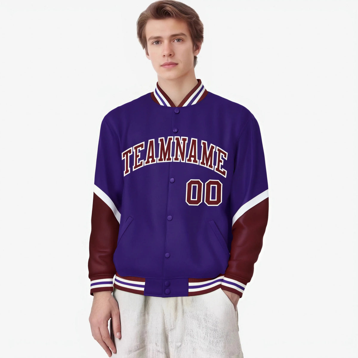 Custom Purple Crimson-White Varsity Full-Snap Color Block Letterman Jacket
