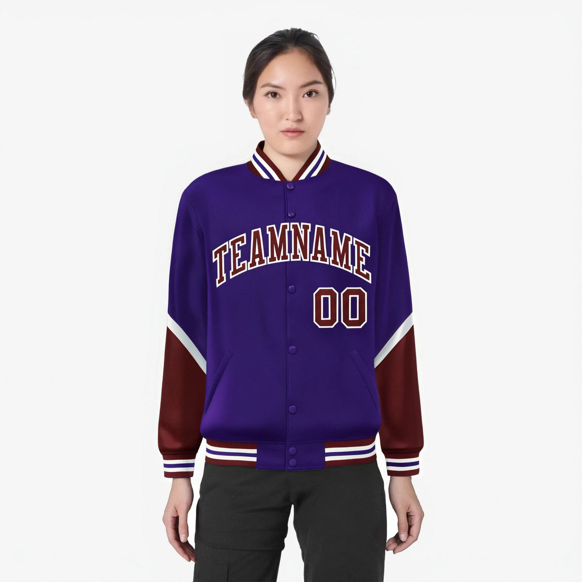 Custom Purple Crimson-White Varsity Full-Snap Color Block Letterman Jacket