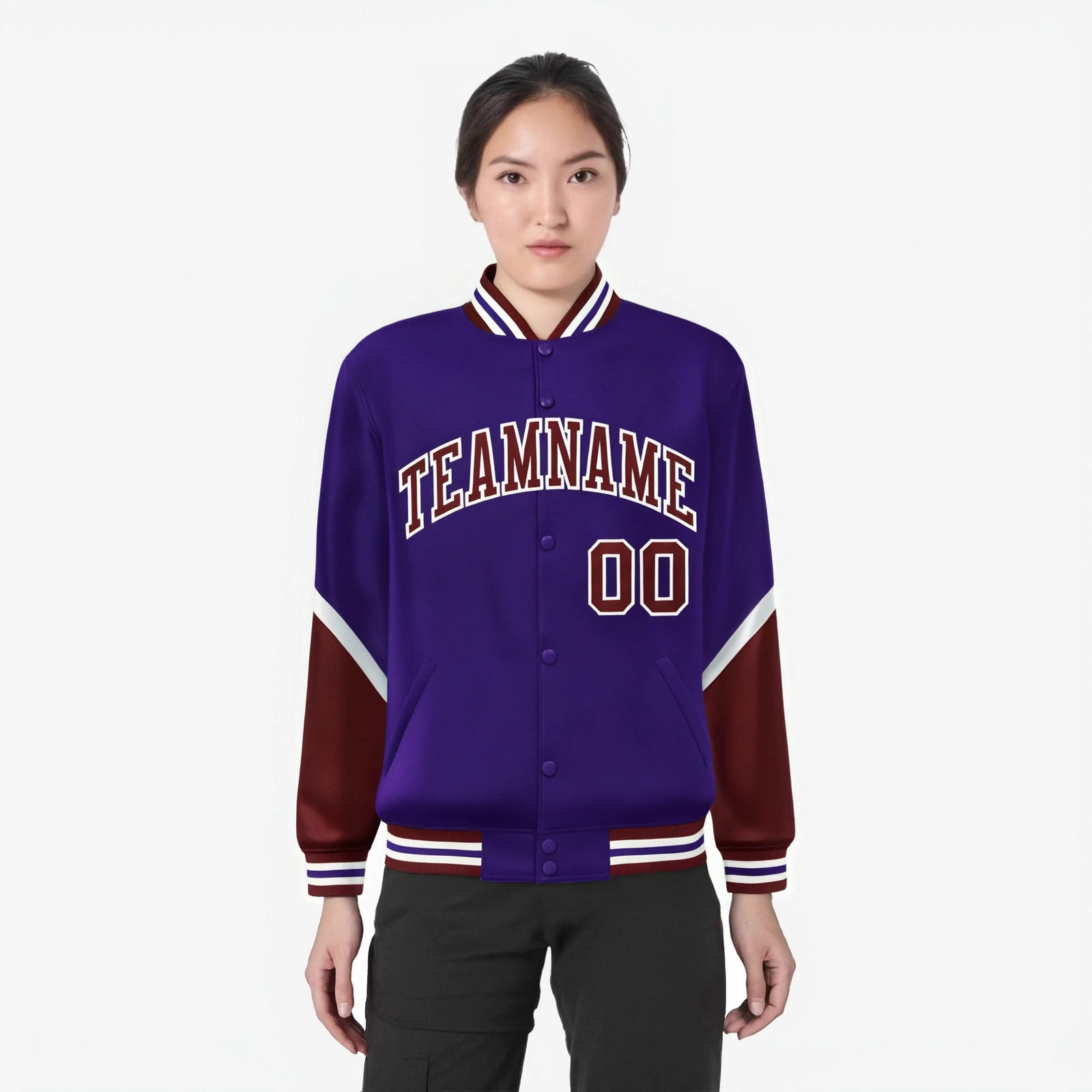 Custom Purple Crimson-White Varsity Full-Snap Color Block Letterman Jacket