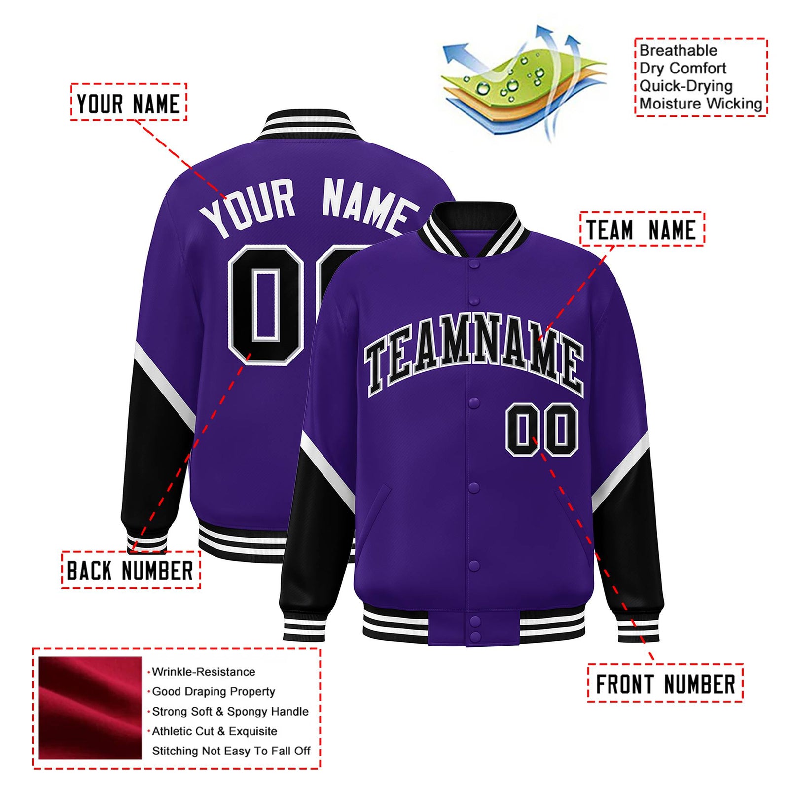 Custom Purple Black-White Varsity Full-Snap Color Block Letterman Jacket