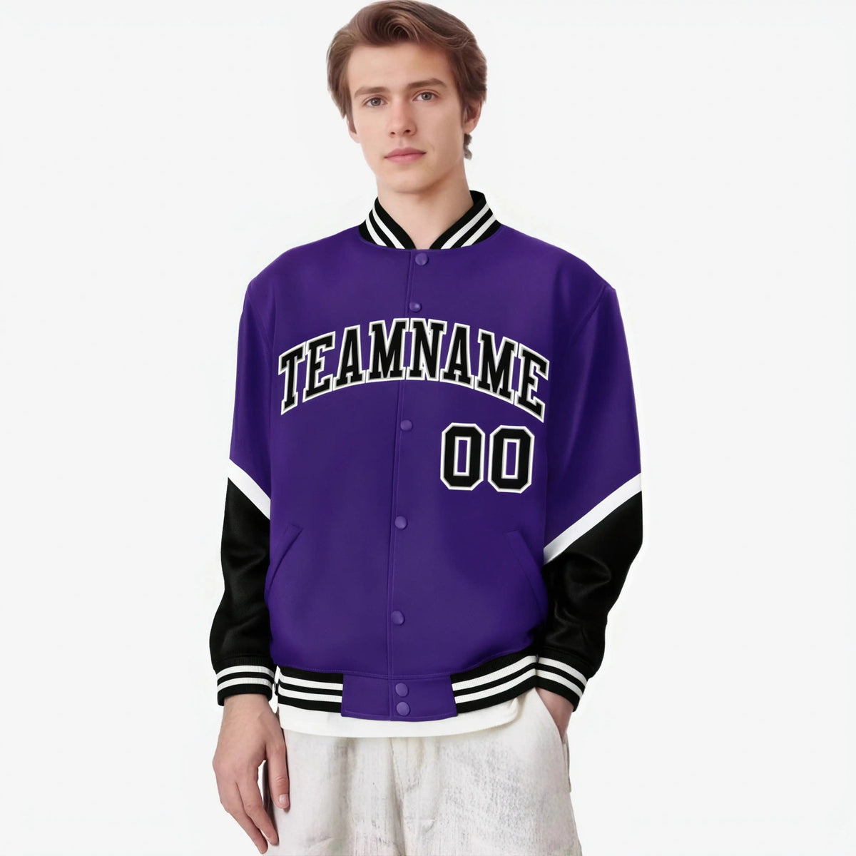 Custom Purple Black-White Varsity Full-Snap Color Block Letterman Jacket