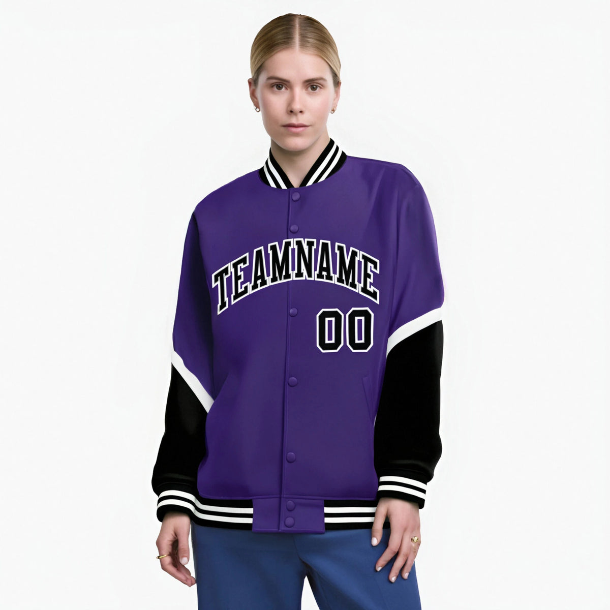 Custom Purple Black-White Varsity Full-Snap Color Block Letterman Jacket