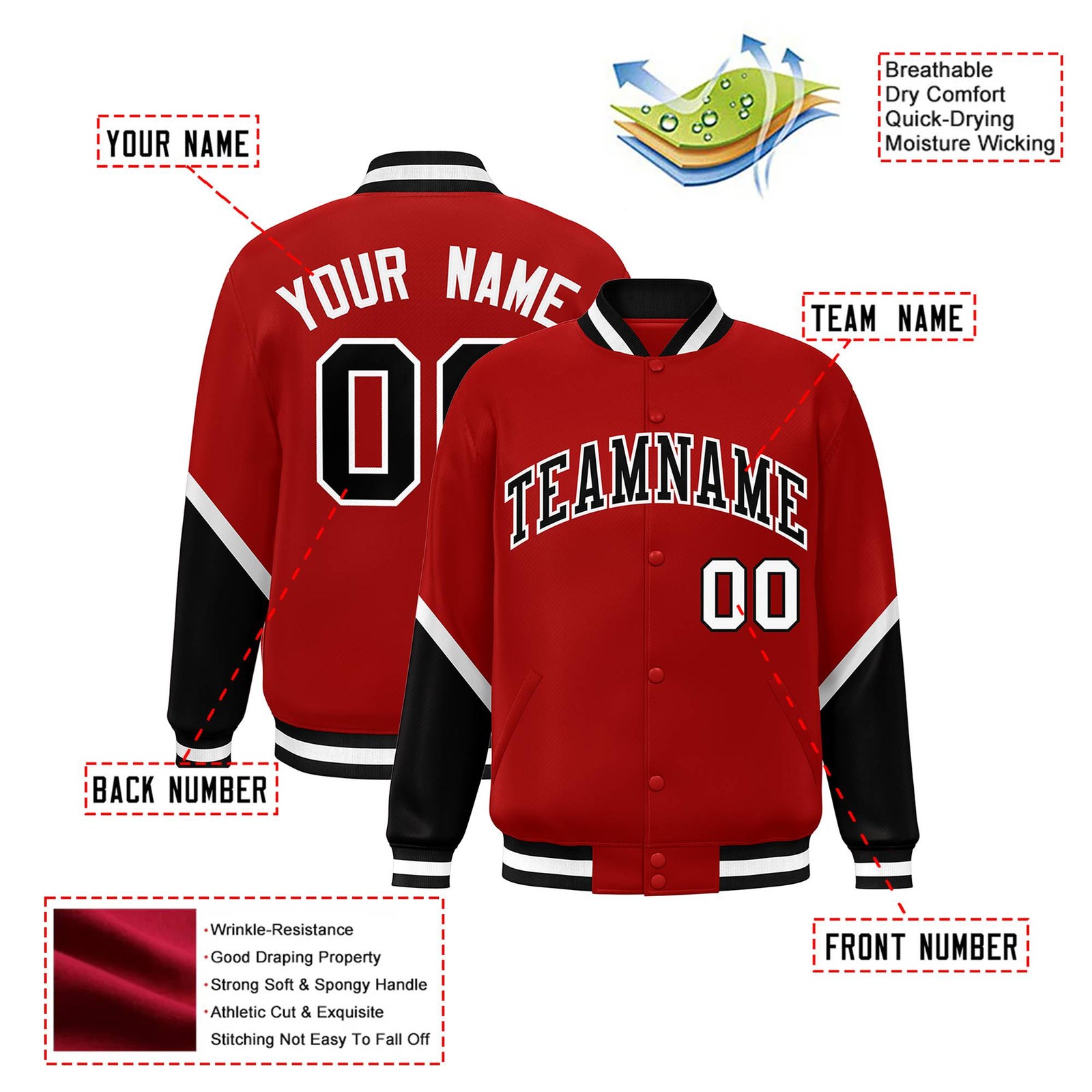 Custom Red Black-White Varsity Full-Snap Color Block Letterman Jacket