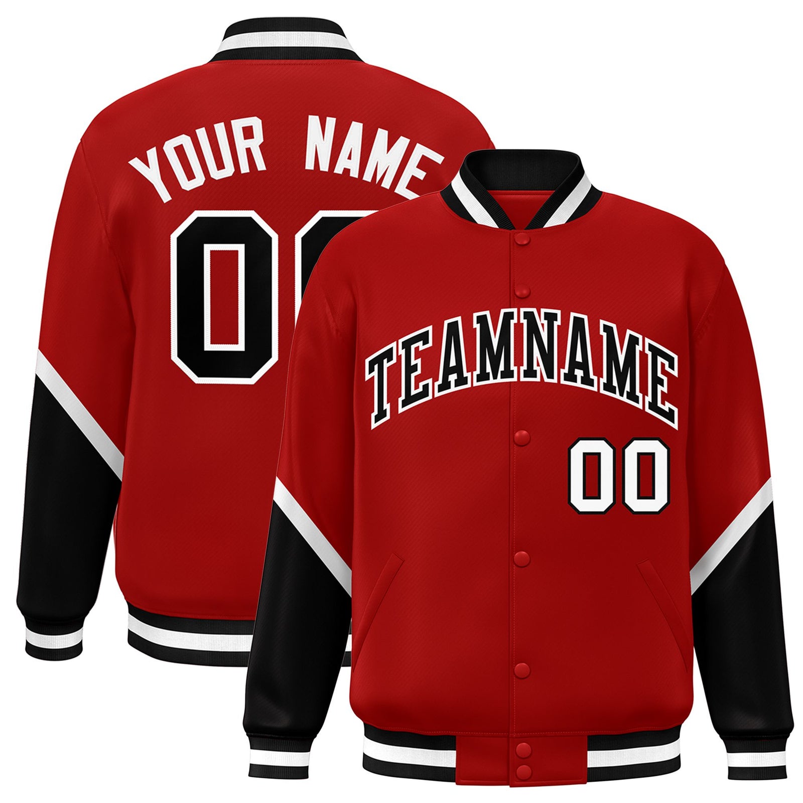 Custom Red Black-White Varsity Full-Snap Color Block Letterman Jacket