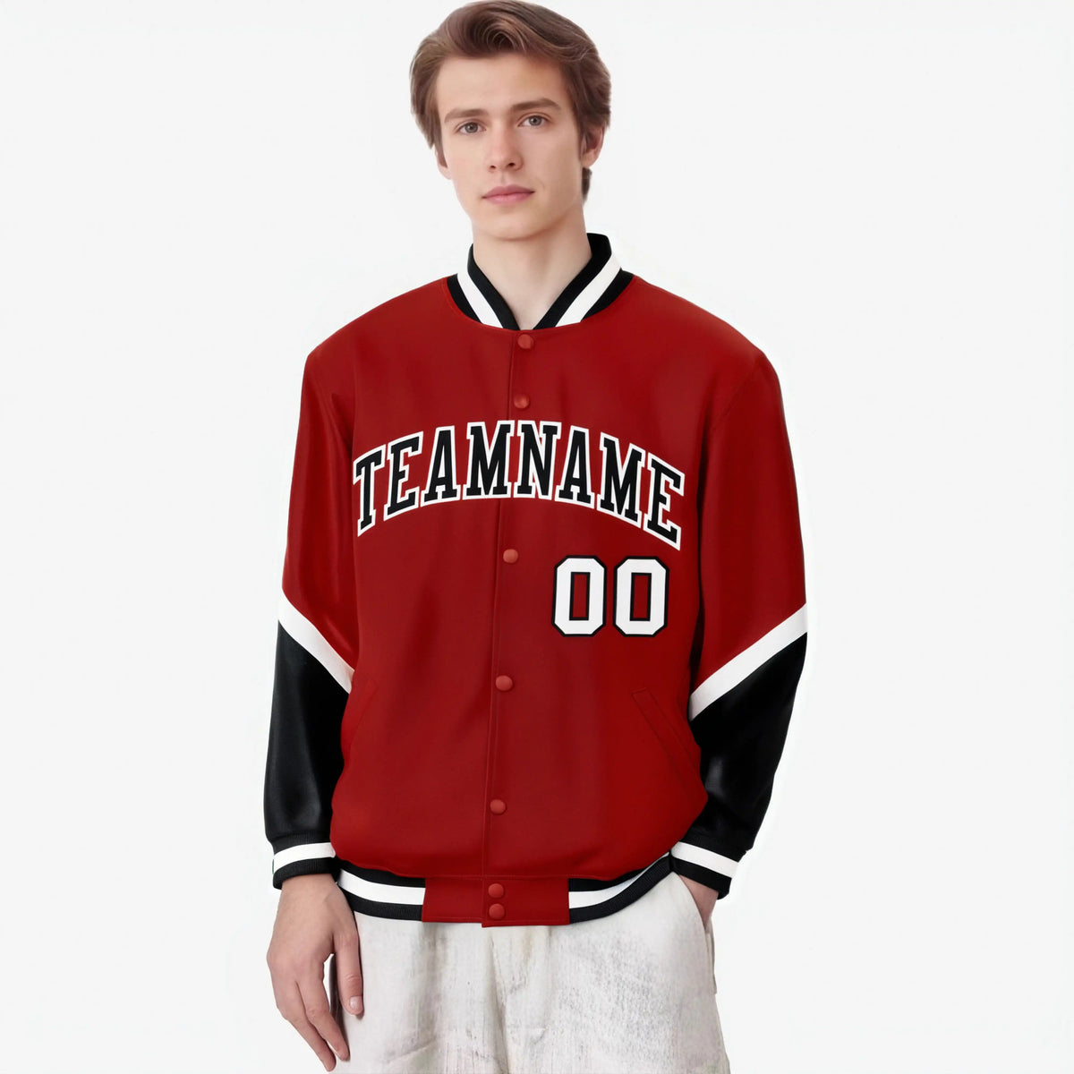 Custom Red Black-White Varsity Full-Snap Color Block Letterman Jacket