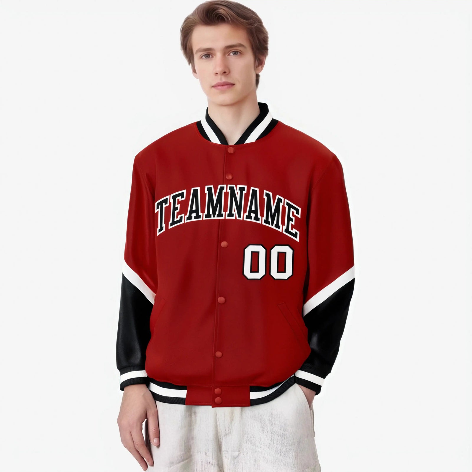 Custom Red Black-White Varsity Full-Snap Color Block Letterman Jacket