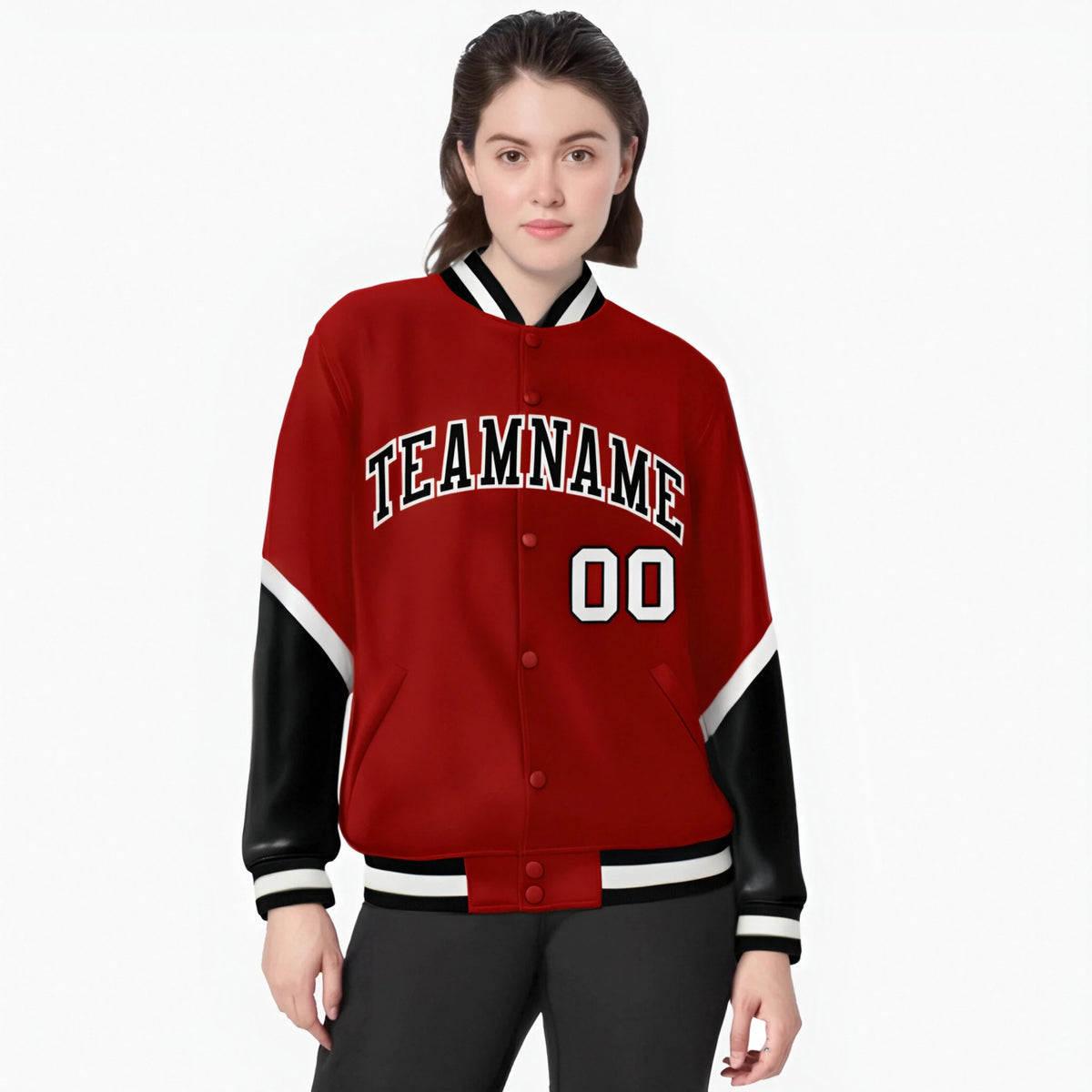 Custom Red Black-White Varsity Full-Snap Color Block Letterman Jacket