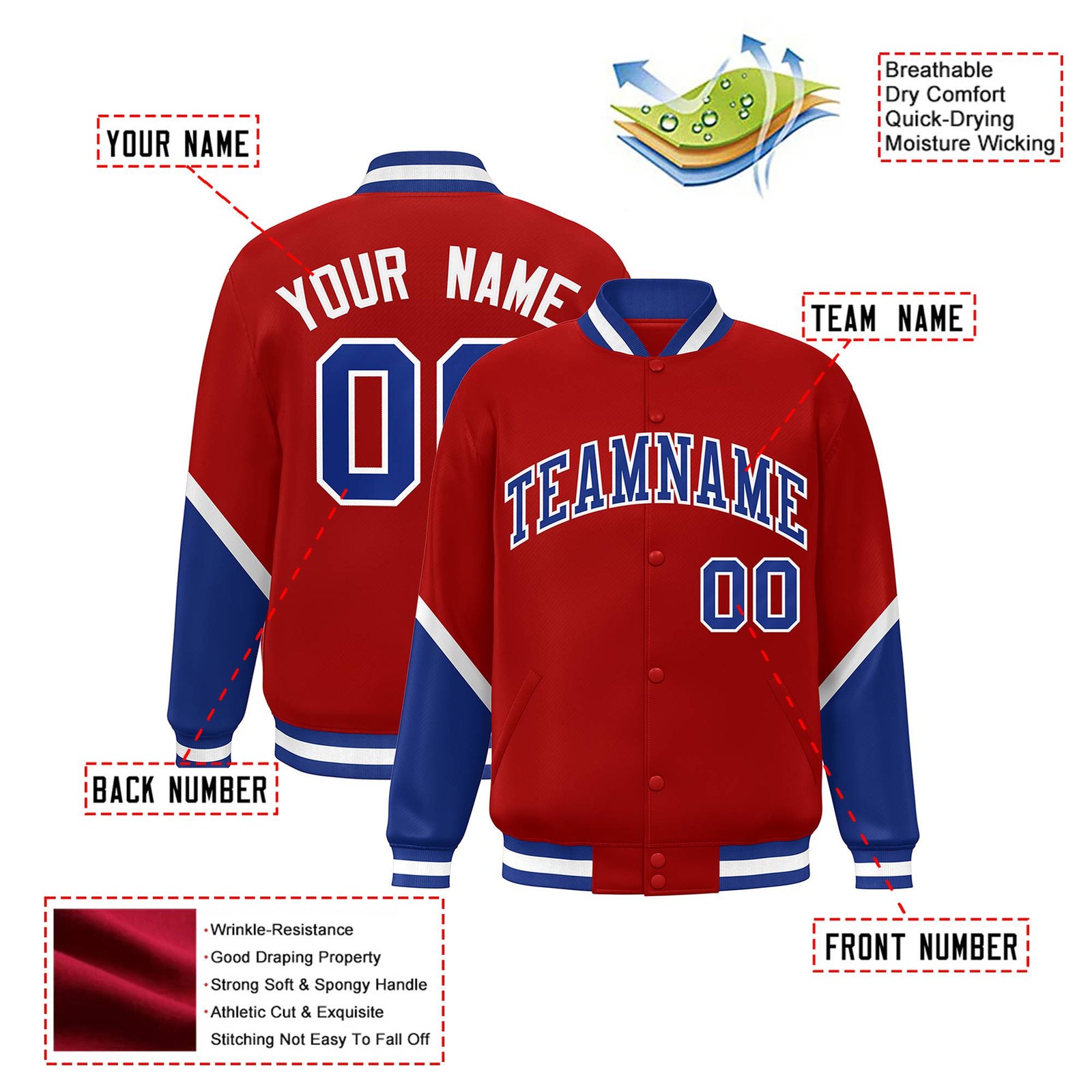 Custom Red Royal Blue-White Varsity Full-Snap Color Block Letterman Jacket