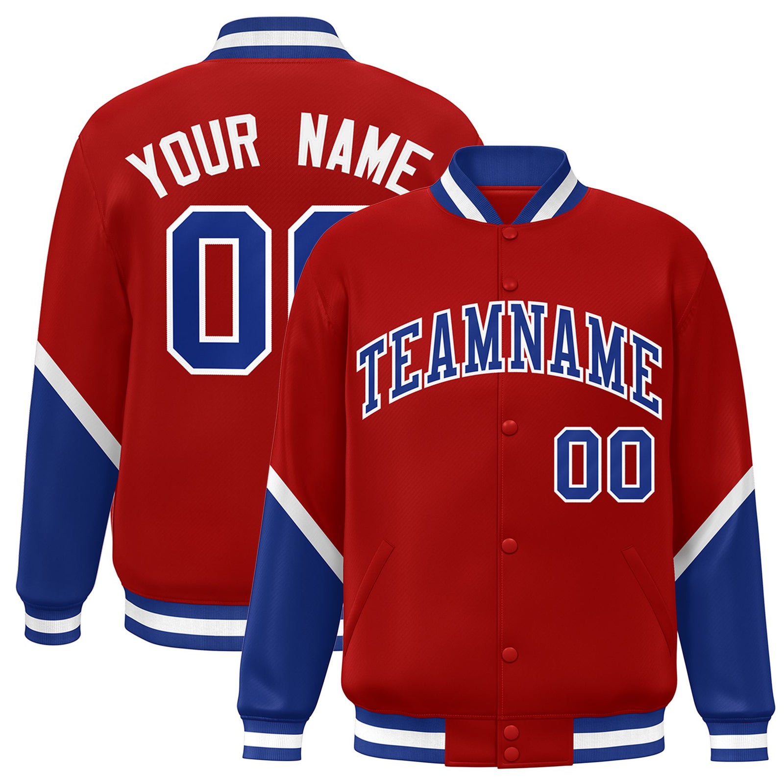 Custom Red Royal Blue-White Varsity Full-Snap Color Block Letterman Jacket
