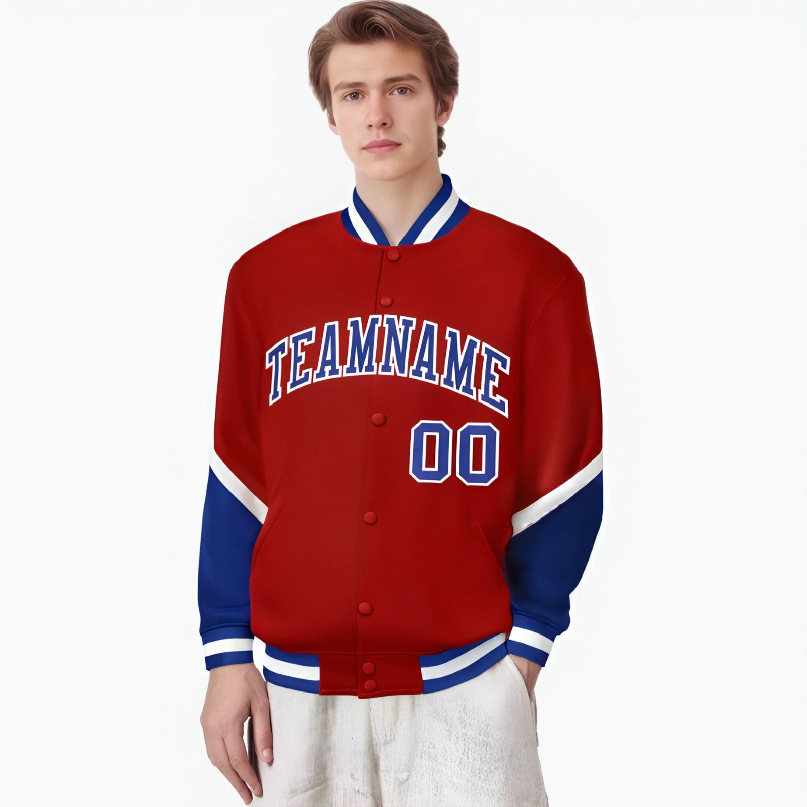 Custom Red Royal Blue-White Varsity Full-Snap Color Block Letterman Jacket