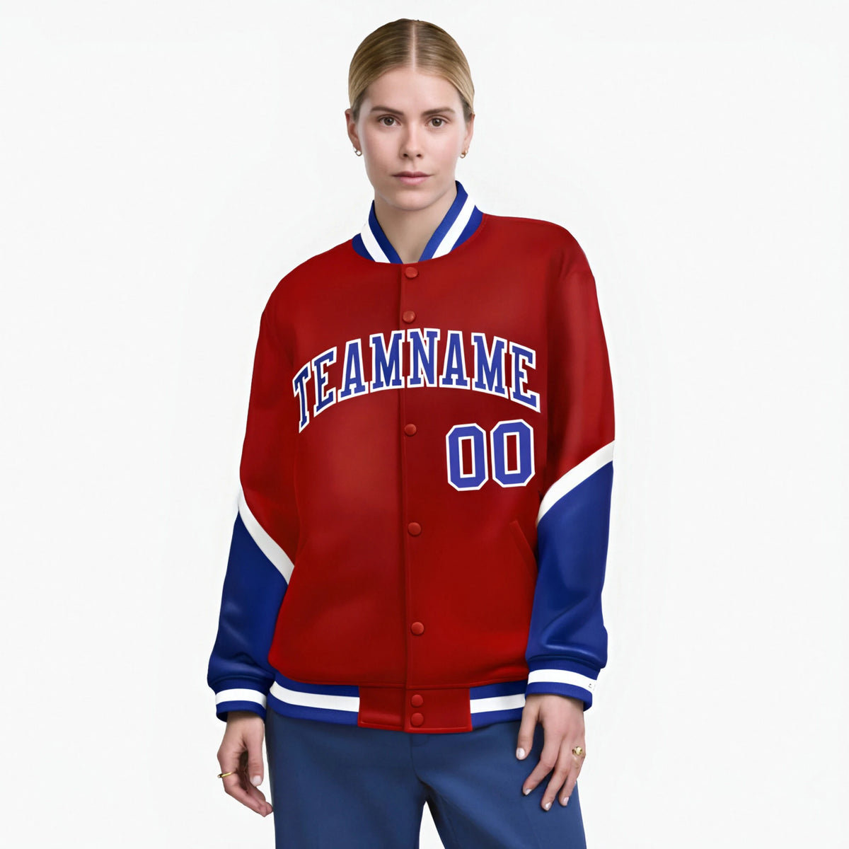 Custom Red Royal Blue-White Varsity Full-Snap Color Block Letterman Jacket